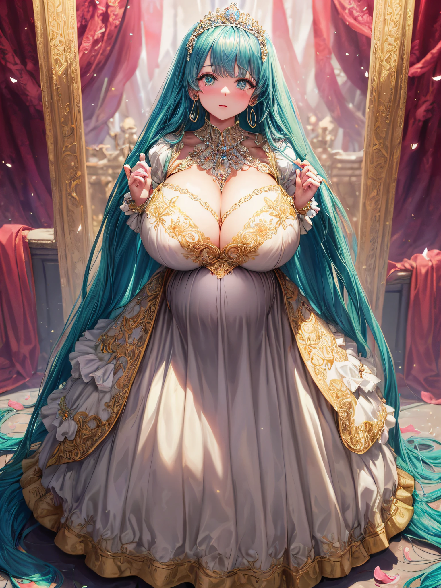 (masterpiece, best quality,extremely detailed:1.1),(moe anime art style:1.2),1girl,((full body,focus face)),((solo)), cute, kawaii,digital art,((1 bling-bling pregnant princess wearing beautiful embroidery and jeweled gorgeous rococo ballgown with jeweled voluminous full length hoop skirt)),(((heavily pregnant))),very big pregnant belly,((crinoline)),long train,voluminous frills,See-through,(gorgeous embroidery and beautiful lace),((very gigantic boobs,skindentation)),cleavage,shiny hair,(((very long straight hair,large amount of straight hair))),((embarrassed)),anguish,((finely detailed face and eyes)),clear pupil,extremely gorgeousfull hair ornament,(bling-bling jeweled extremely gorgeousfull tiara),(bling-bling gorgeous gemstone jewelry),long veil,beautiful background,fantasy background,flowers,flower petals flowing,full body,((beautiful embroidery and jeweled ruffled gorgeous rococo ballgown with voluminous full length hoop skirt))