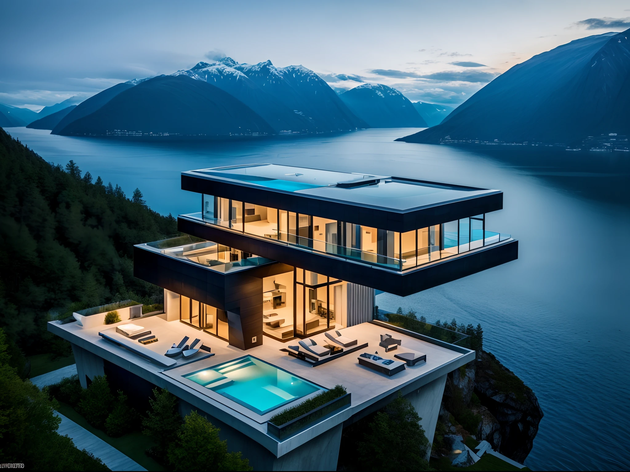 Modern villa on cliff built into the mountain, overlooking hardangerfjorden. James bond villain. Inside mountain. HD. Luxerious, expensive, pool, large futuristic residence, luxury architecture, ultra modern, sleek utopian design, modern architecture design, stunning high tech