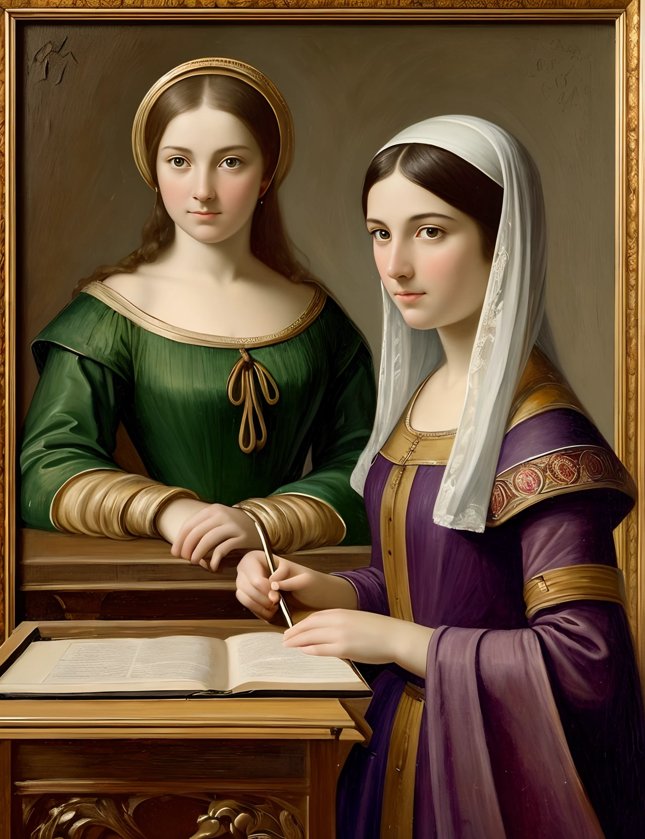 Two beautiful young women are in the French gallery, they are absorbed in the painting by magical events and turn into a painting of medieval women, in the painting, while the medieval women are free and leave the gallery, high detail of the face, 8k --auto --s2