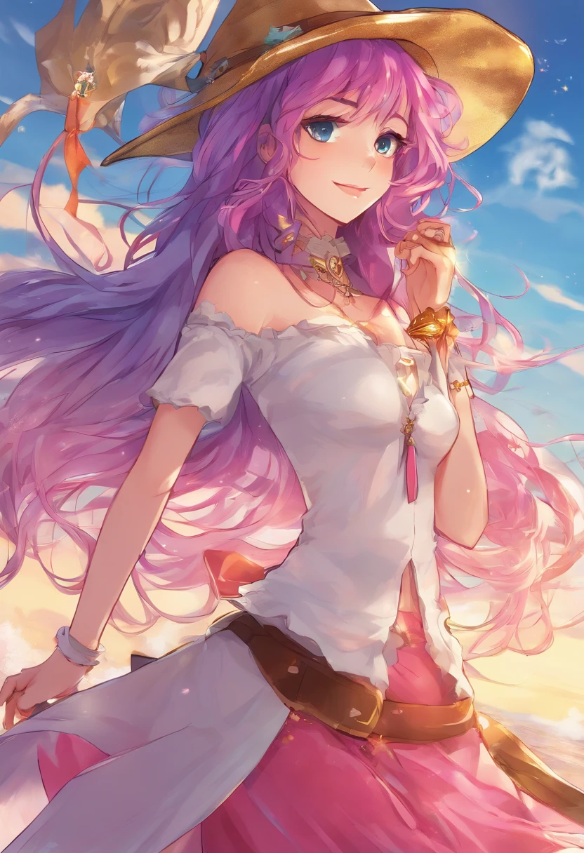 1 girl, (iridescent hair, colorful hair, half blue and half pink hair: 1.2), 17 years old, blue_sky, holding a magic wand, summer (season), petals_on_liquid, black cloak with hood, red and black torn dress, skirt: 1.2, (gold long curly hair: 1.5), sky, outdoor, clouds, bangs, smile, sky blue eyes, bare shoulders, perfect hands, Hand details, repaired fingers. Earrings, sea + background, looking_at_viewer, cowboy shot, top quality, rich detail, perfect image quality, sunrise