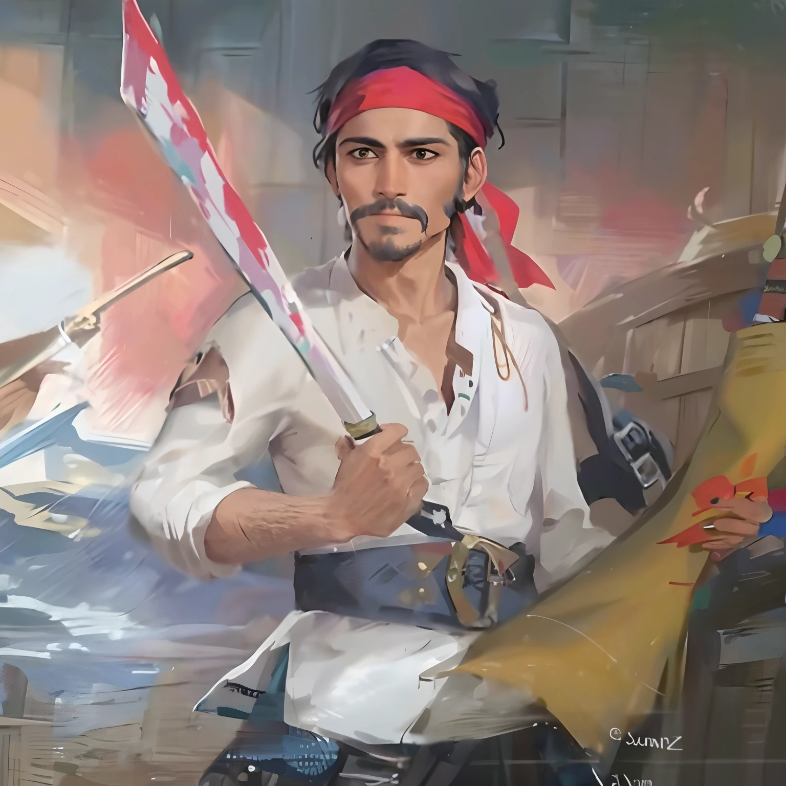 painting of a man with a sword and a pirate hat, by Mustafa Rakim, mexican muralism ) ravi supa, raden saleh, tom holland as a pirate, ( pirate with a bandanna ), pirate, by Raul Martinez, by Juan Giménez, by Juan Villafuerte, a pirate, by Alejandro Obregón, Pattimura