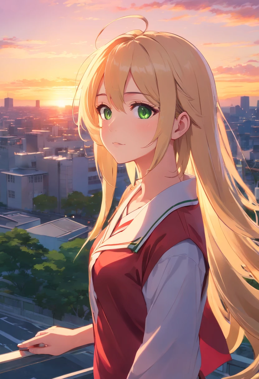 (anime style) (best quality, masterpiece), (4k,UHD) , Anime girl, with long blonde streaked hair, with red highlights, with green eyes, wearing japanese school uniform, looking at the sun, background is little and there is a sunset, background color is vermilion, by WLOP, Nashimanga