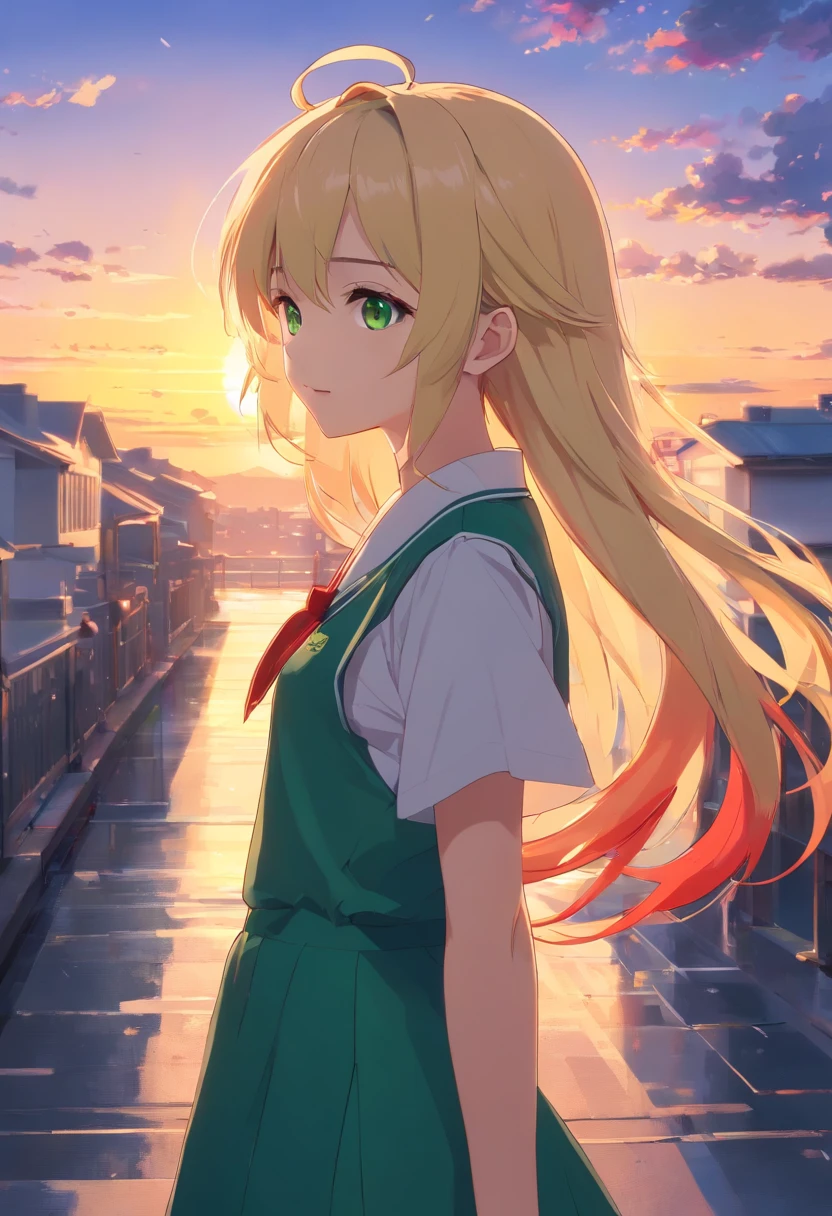 (anime style)  (best quality, masterpiece), (4k,UHD) , Anime girl, with long blonde streaked hair, with red highlights, with green eyes, wearing japanese school uniform, looking at the sun, background is little and there is a sunset, background color is vermilion, by WLOP, Nashimanga
