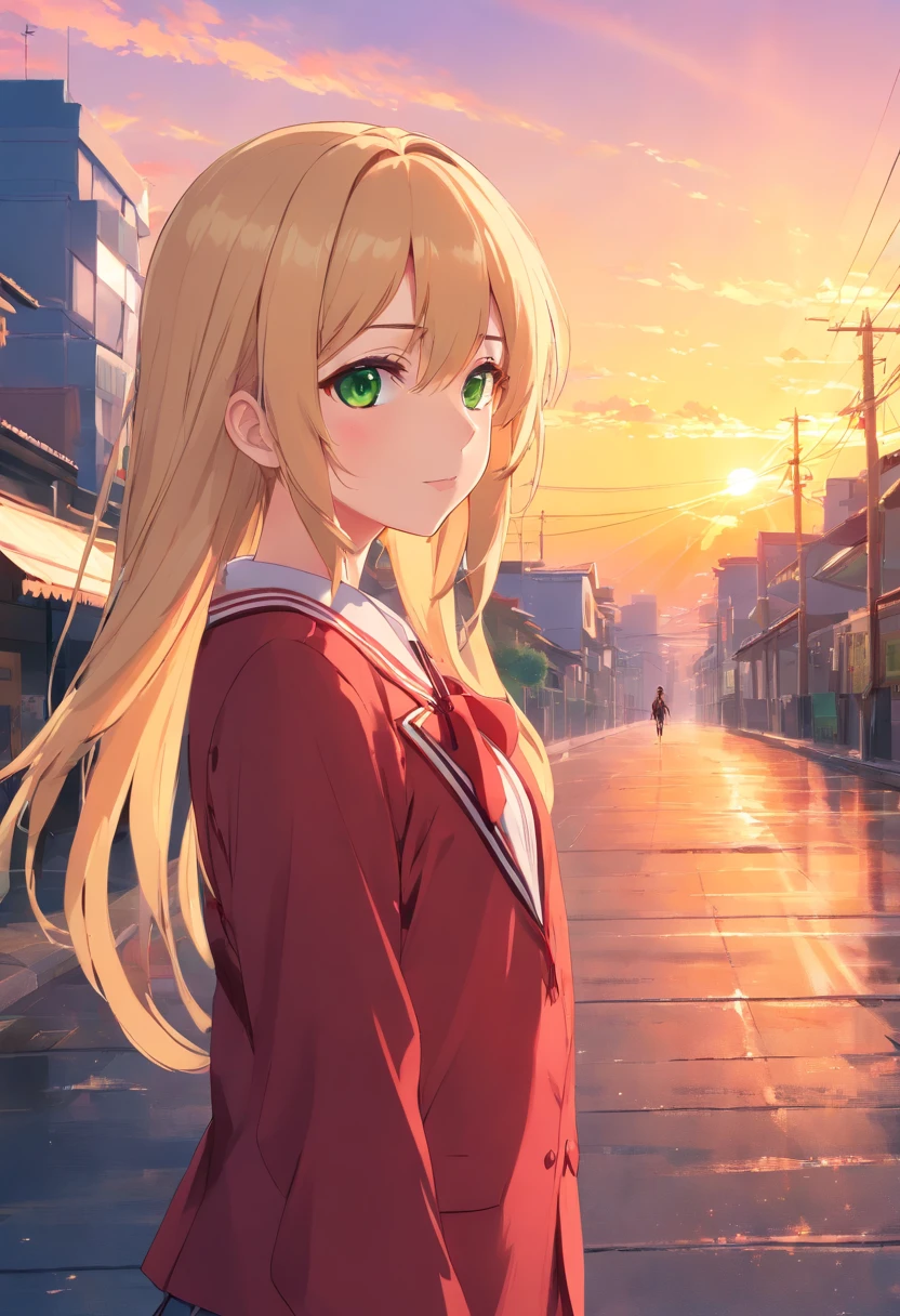 (anime style) (best quality, masterpiece), (4k,UHD) , Anime girl, with long blonde streaked hair, with red highlights, with green eyes, wearing japanese school uniform, looking at the sun, background is little and there is a sunset, background color is vermilion, by WLOP, Nashimanga