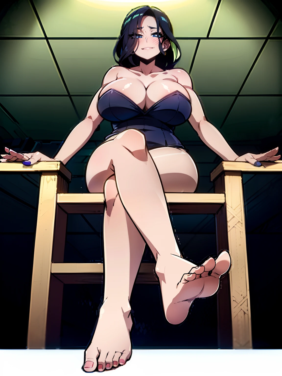 A very gorgeous succulent mature anime girl with thicc mommy features and teasing figure sitting on a stool with her relaxed crossed legs and thighs atop of each other whilst looking down on viewer demanding foot worship, G sized big breasts in a strapless top, badass anime 8k, from below pov, feet posing, soles