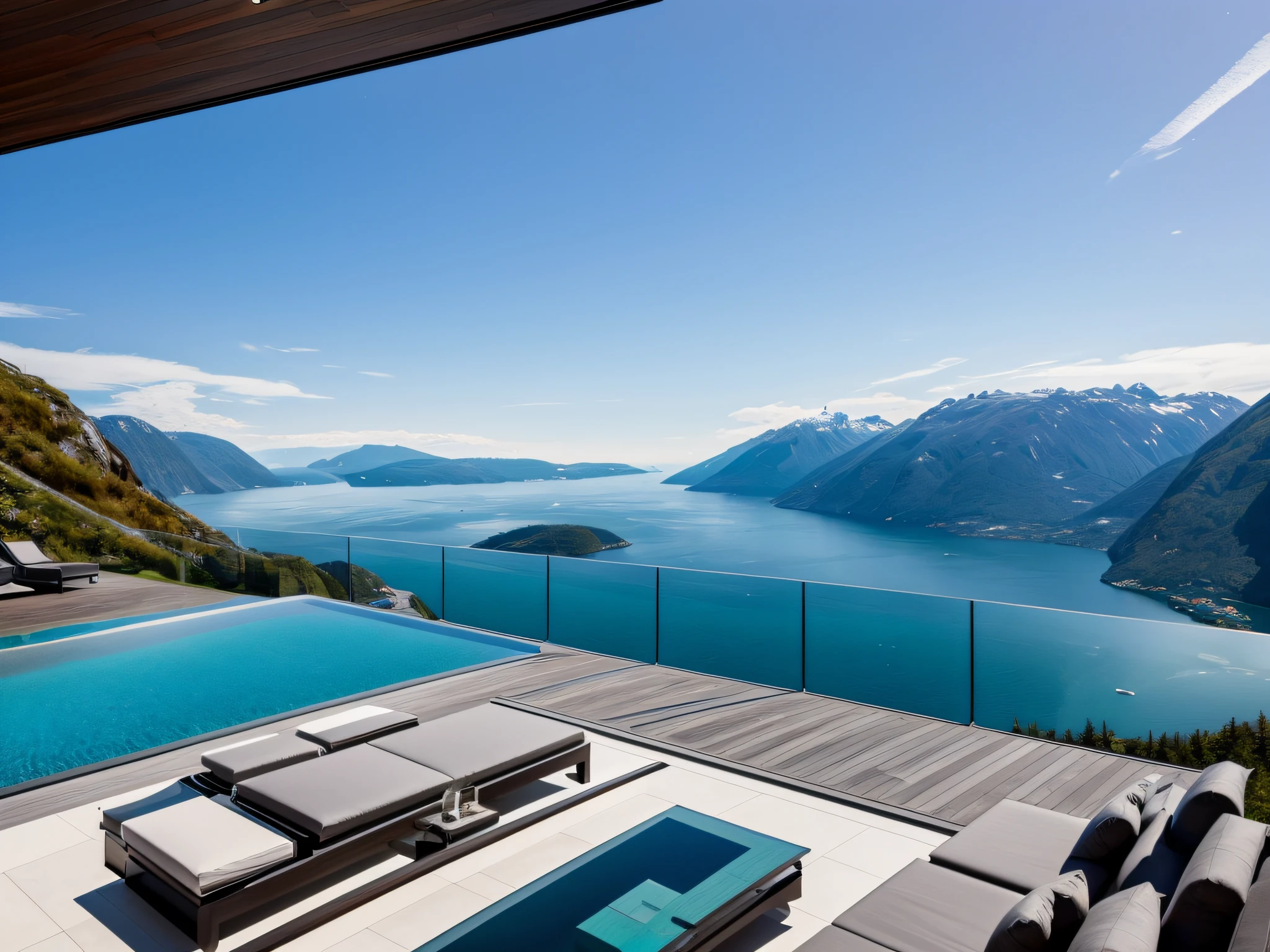 Modern villa on cliff built into the mountain, overlooking hardangerfjorden. James bond villain. HD. Luxerious, expensive, pool, large futuristic residence, luxury architecture, ultra modern, sleek utopian design, modern architecture design, stunning high tech