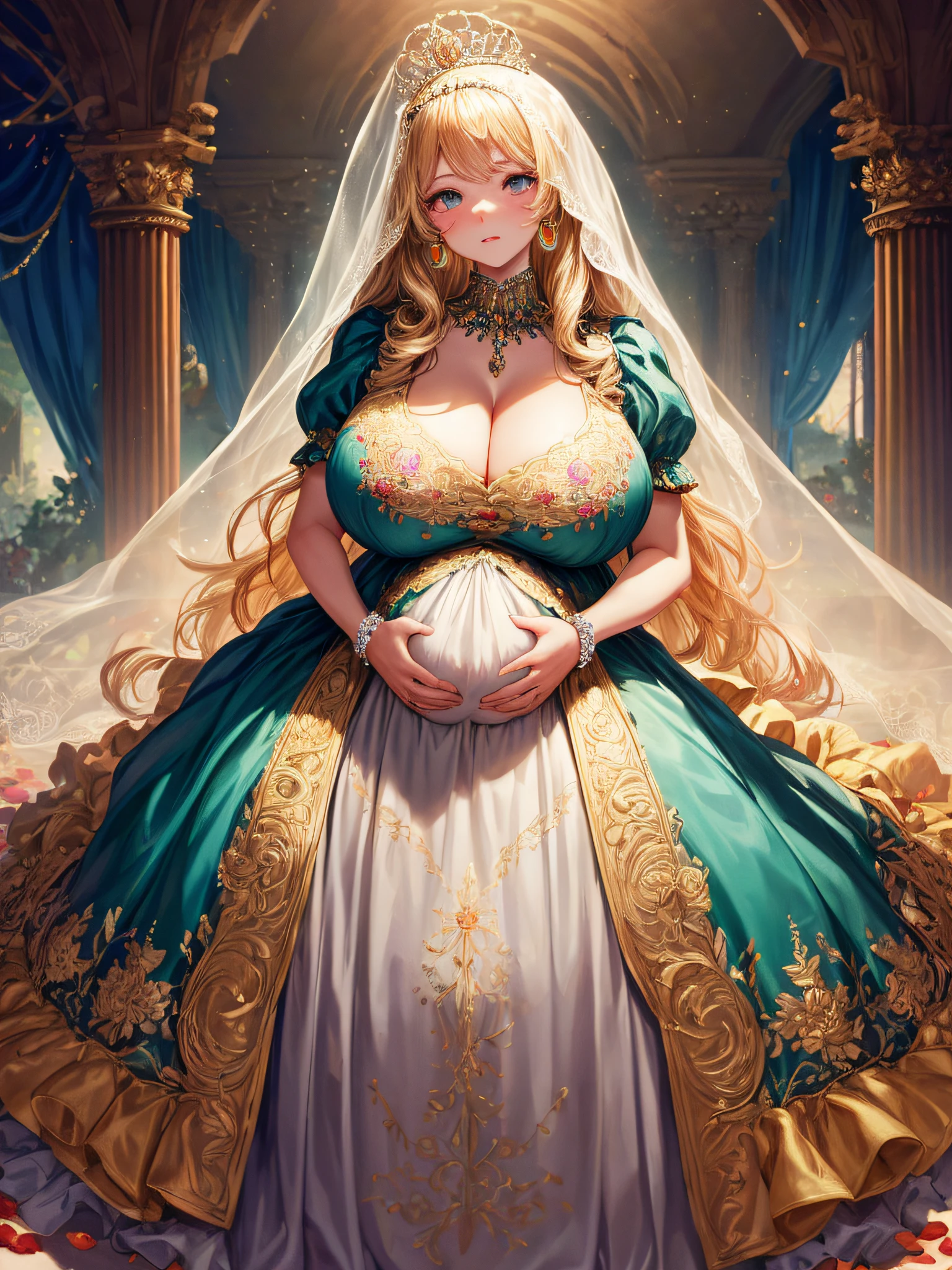 (masterpiece, best quality,extremely detailed:1.1),(moe anime art style:1.2),1girl,((full body,focus face)),((solo)), cute, kawaii,digital art,((1 bling-bling pregnant princess wearing beautiful embroidery and jeweled gorgeous rococo ballgown with jeweled voluminous full length hoop skirt)),(((heavily pregnant))),very big pregnant belly,((crinoline)),long train,voluminous frills,See-through,(gorgeous embroidery and beautiful lace),((very gigantic boobs,skindentation)),cleavage,shiny hair,(((very long straight hair,large amount of straight hair))),((embarrassed)),anguish,((finely detailed face and eyes)),clear pupil,extremely gorgeousfull hair ornament,(bling-bling jeweled extremely gorgeousfull tiara),(bling-bling gorgeous gemstone jewelry),long veil,beautiful background,fantasy background,flowers,flower petals flowing,full body,((beautiful embroidery and jeweled ruffled gorgeous rococo ballgown with voluminous full length hoop skirt))