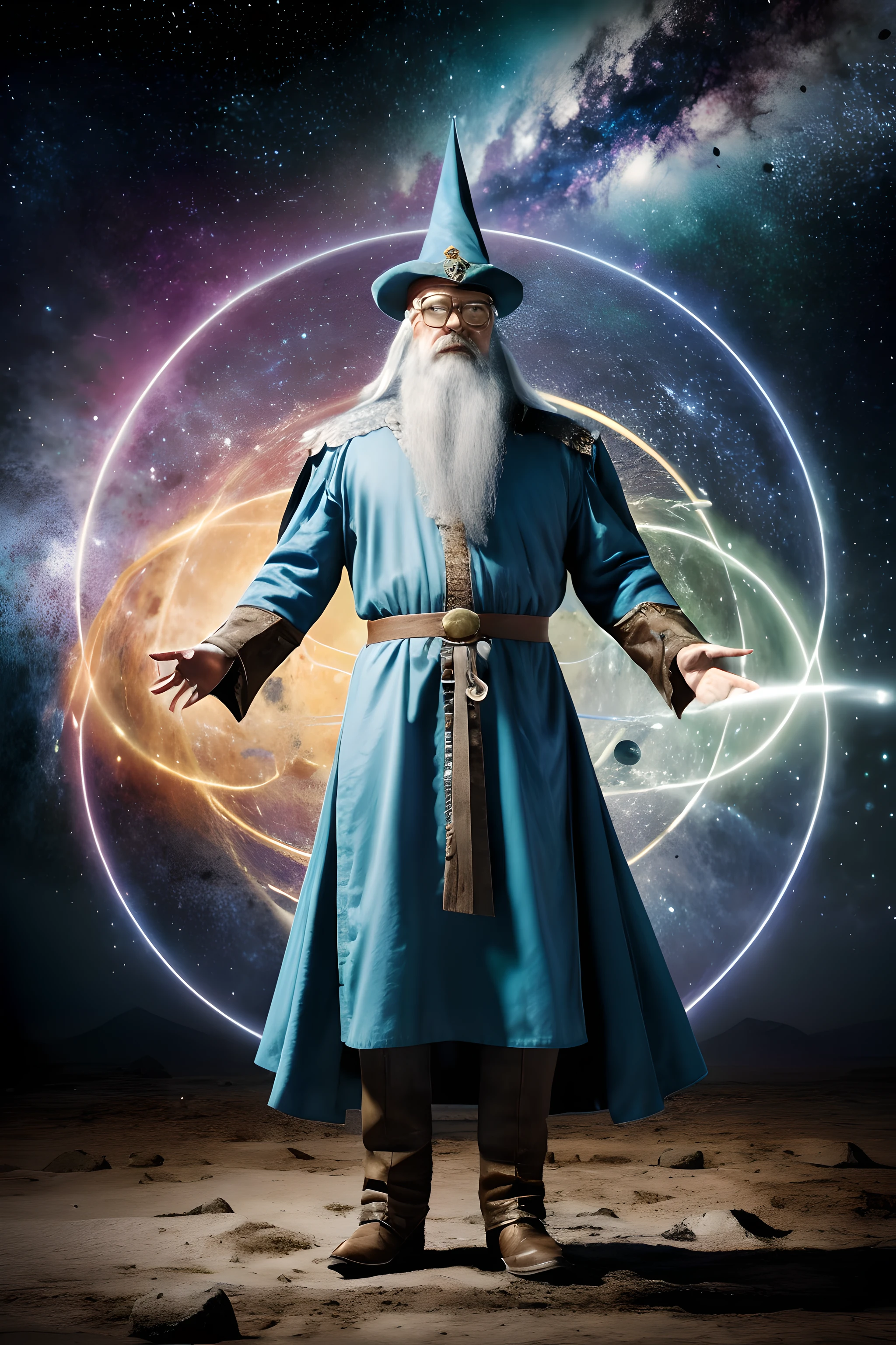 guttonerdvision10, "A full-body fantastical image of a wizard wearing glasses. He is dressed in medieval wizard attire, with a pointed hat, long white hair, and a beard. Blue and green rays are emanating from his hands. The scene is a mix of a magical portal with galaxies and planets. An extremely detailed image with a blurred background, and hyper-realistic. 8k resolution."