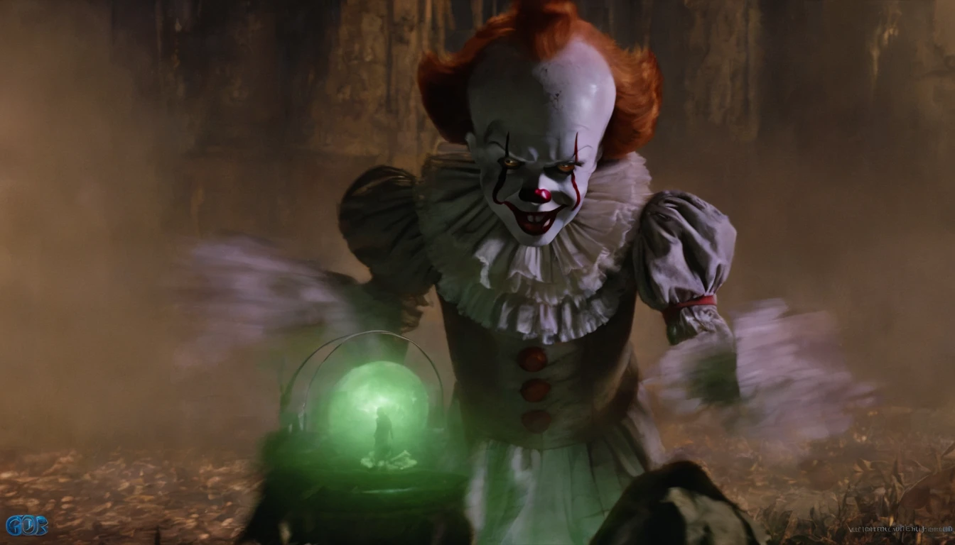 Pennywise Secret Laburatory, efeito vhs, capa de revista, terror, horror movie poster, horror, assustador, detalhes escuros, hiperdetalhado, blood tracing, Subsurface dispersion, heavy lighting for the dark, raso profundidade de campo, jorrando sangue, noite, trevas, darkeness, assassino, risada, dentes longos, big hand, jogando dado, rpg, rpg de mesa, jogando dados na mesa, mesa com dados, livro, dados sendo jogados, D20, dado de 20 lados, Children in the background, medo, children with fear, narrando jogo, narrando rpg, jogando dados de rpg, mestrando rpg, rpg de mesa, children with fear, children listening in fear, pennywise rindo, dados de 6 lados, children with data, normal children, frightened children, ??? running from Pennywise, pennywise rindo assustador