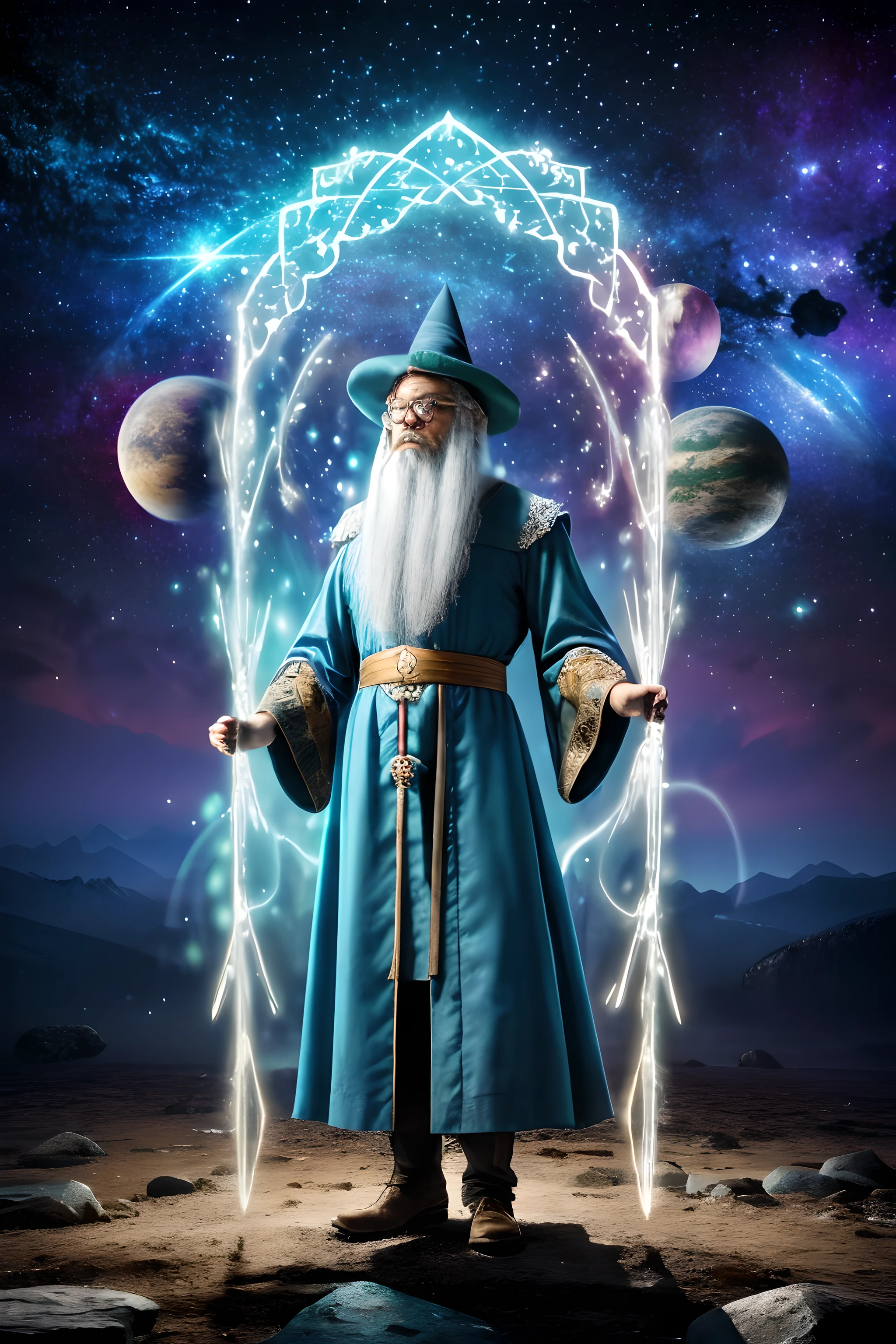 guttonerdvision10, "A full-body fantastical image of a wizard wearing glasses. He is dressed in medieval wizard attire, with a pointed hat, long white hair, and a beard. Blue and green rays are emanating from his hands. The scene is a mix of a magical portal with galaxies and planets. An extremely detailed image with a blurred background, and hyper-realistic. 8k resolution."