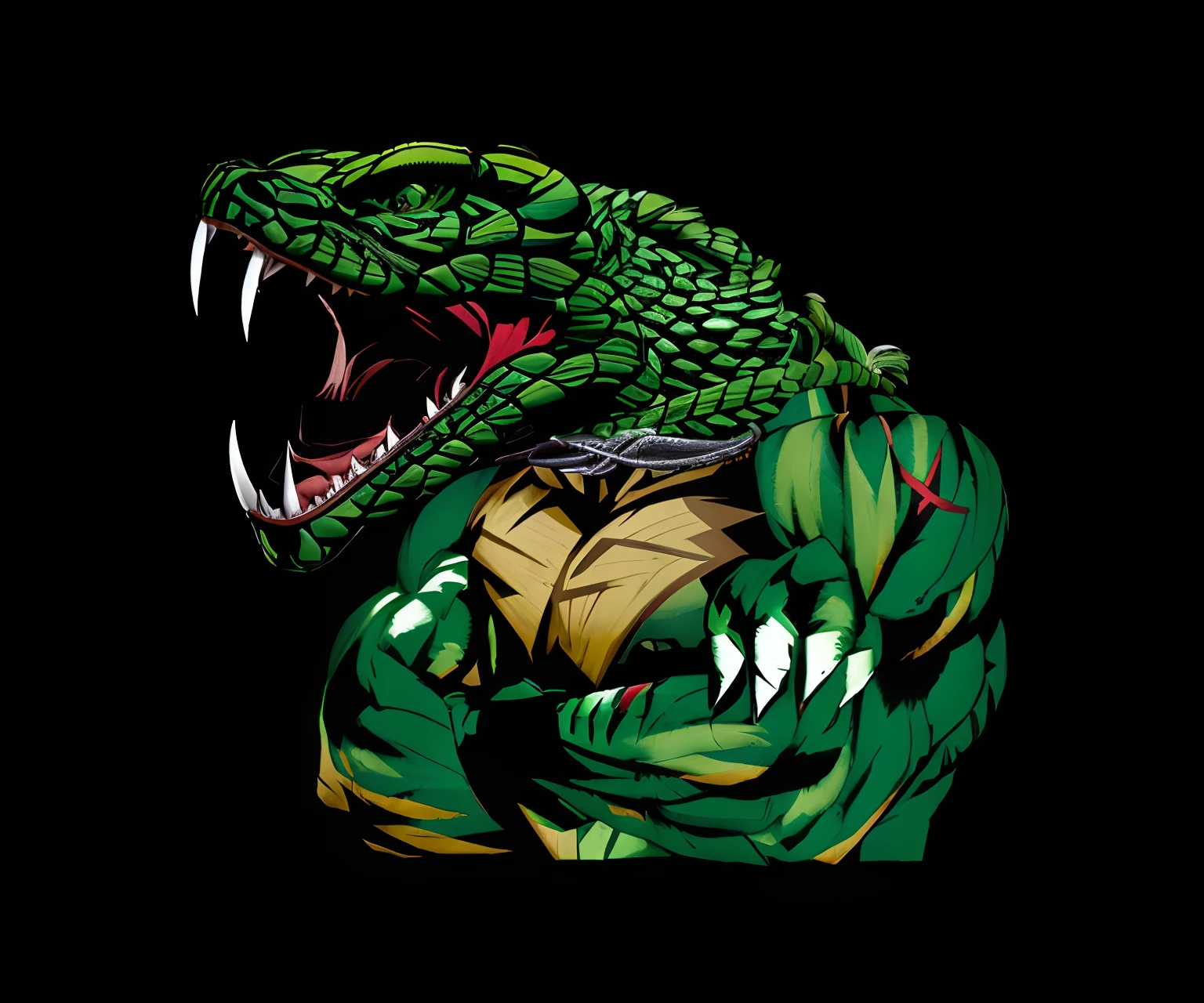 human muscle mutant with snake head, He has his arms crossed and his claws sharp, the body is full of green schemes