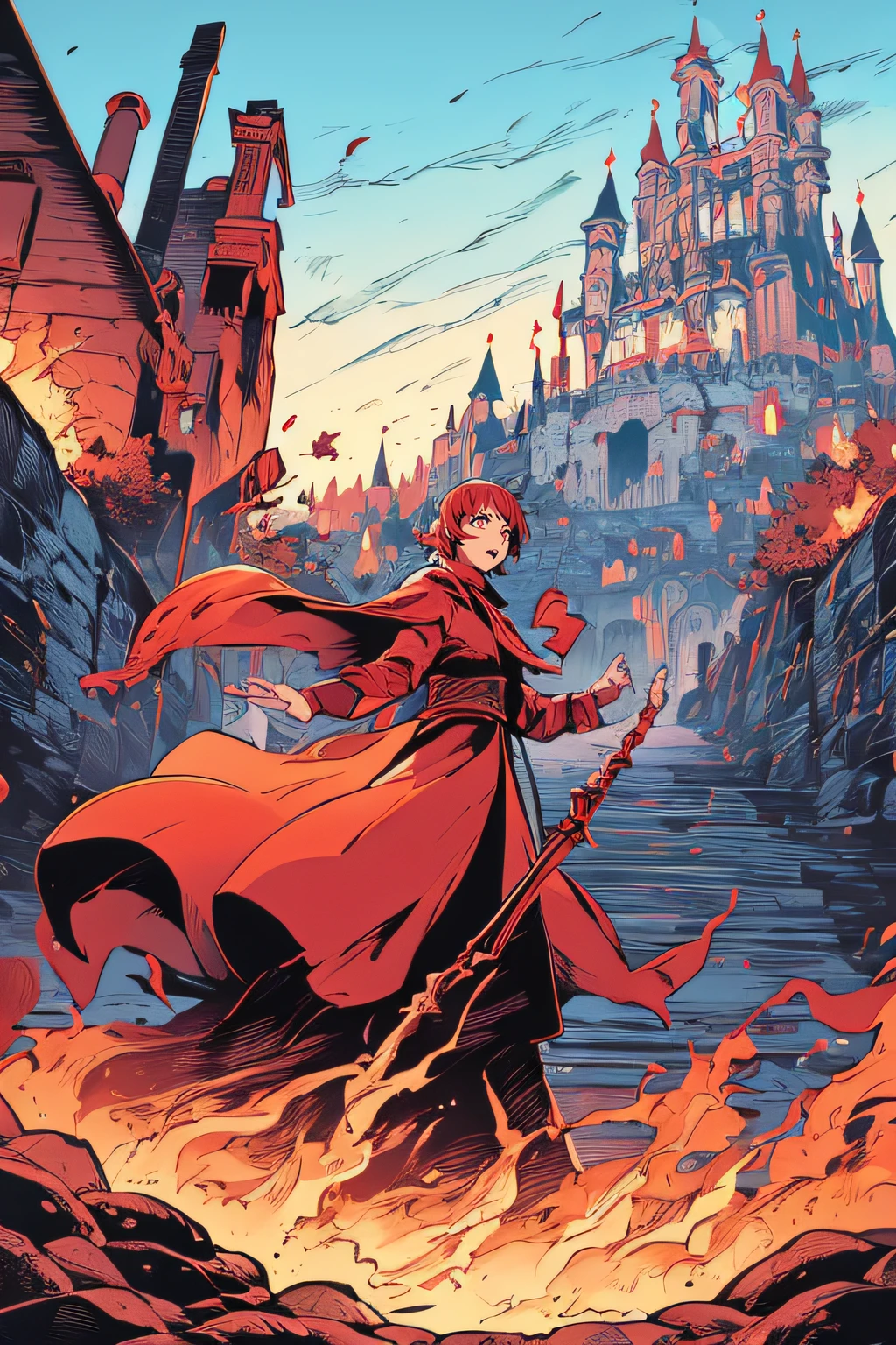 King of the Crown、Facing the front、Red costume、castle in background、Light blue flame