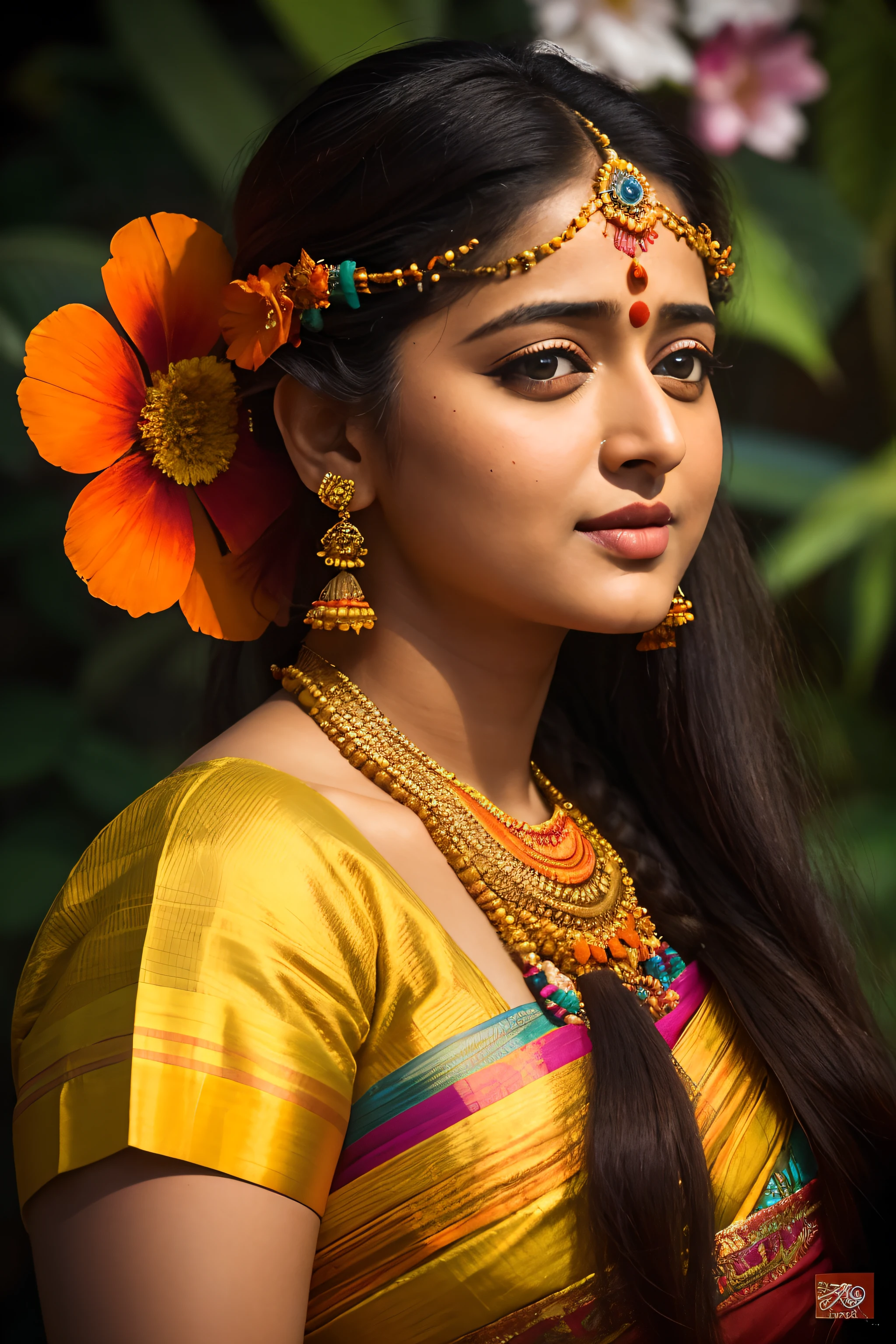 a woman in a sari with a flower in her hair, a picture by Thota Vaikuntham, instagram contest winner, bengal school of art, #myportfolio, shallow depth of field, movie still