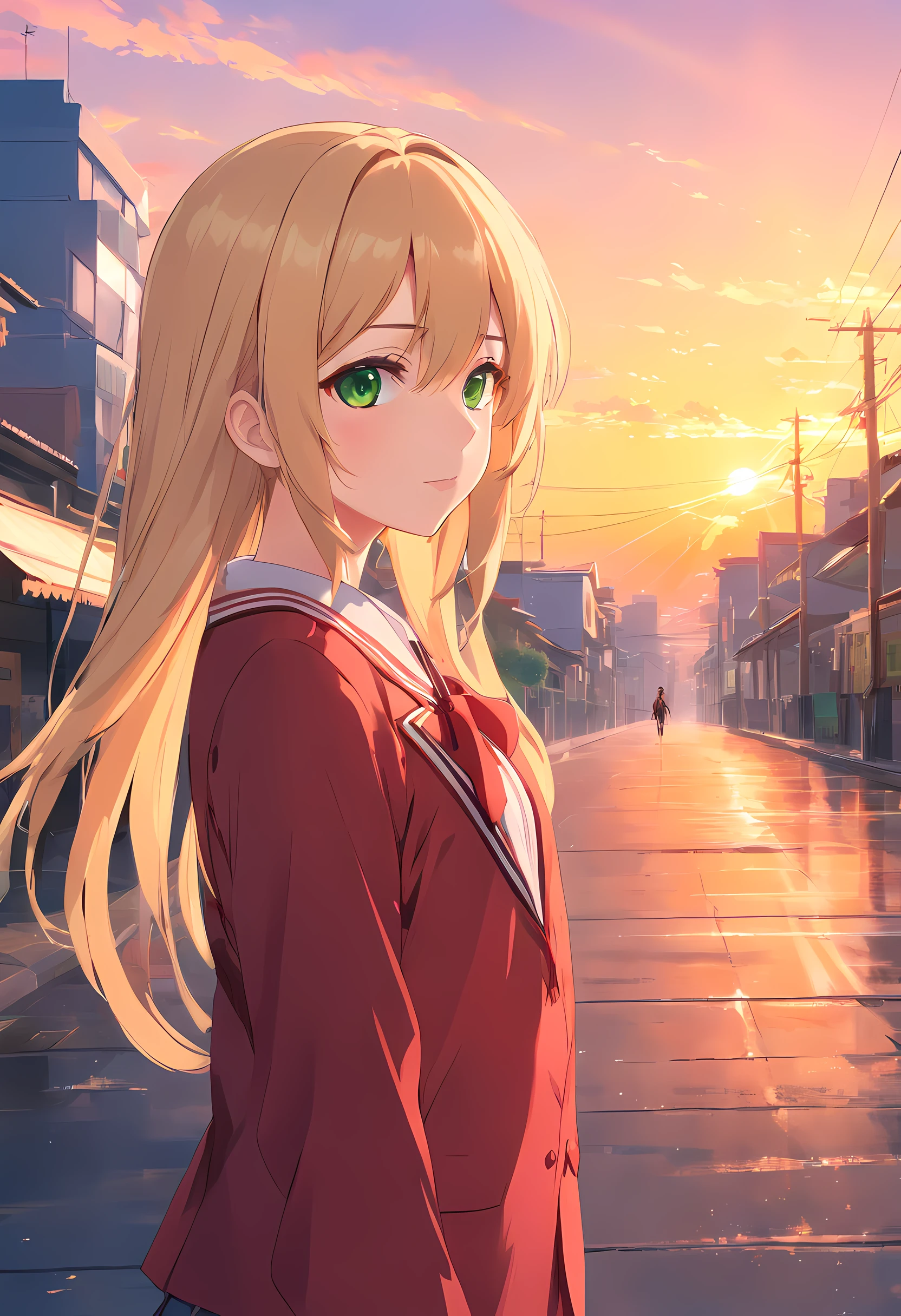 (anime style)  (best quality, masterpiece), (4k,UHD) , Anime girl, with long blonde streaked hair, with red highlights, with green eyes, wearing japanese school uniform, looking at the sun, background is little and there is a sunset, background color is vermilion, by WLOP, Nashimanga