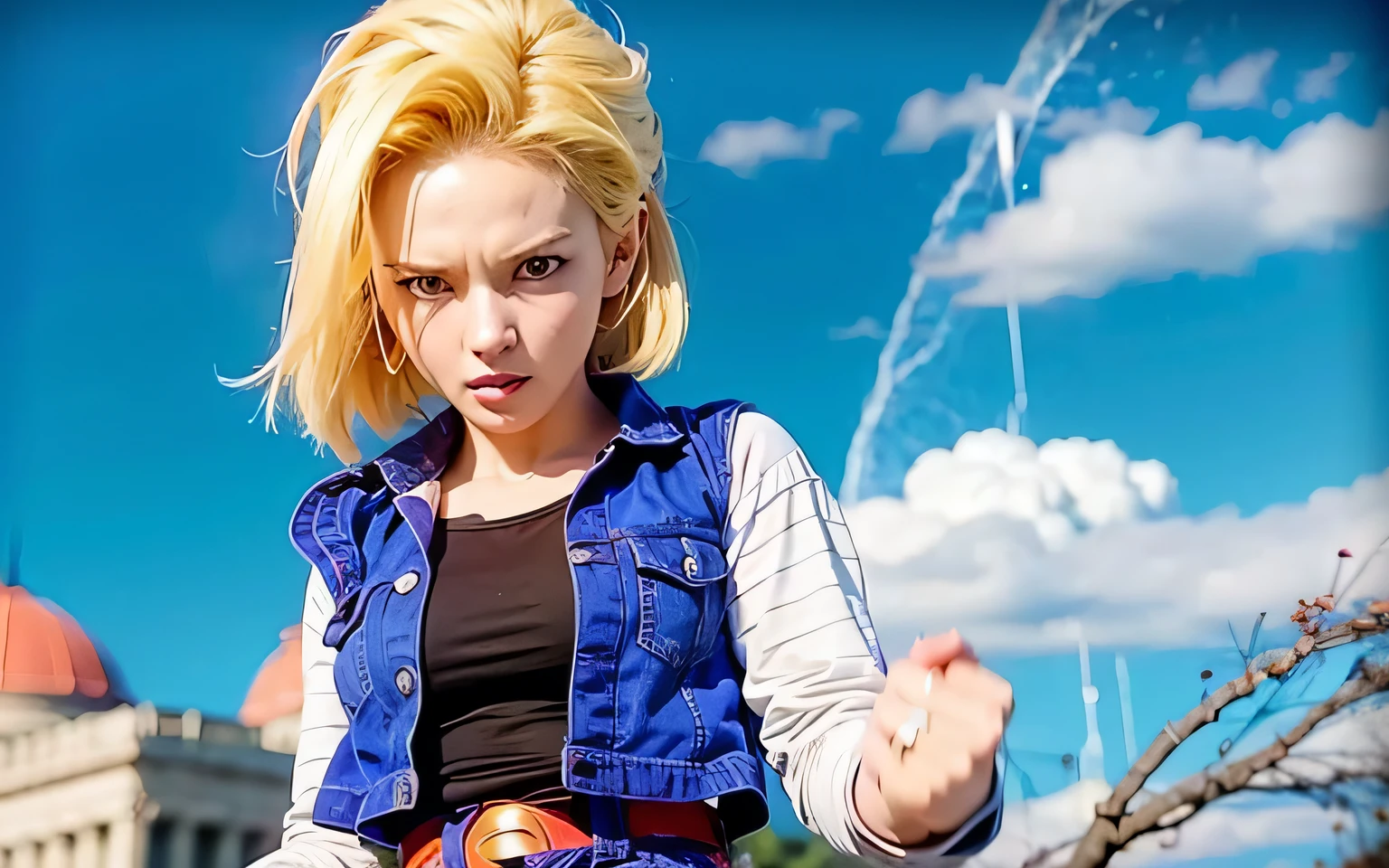 dragon ball fighter 2, android 18, saiyan girl, annie leonhart, female protagonist 👀 :8, super saiyan blue, super saiyan, most strongest pose, today's featured anime still, super saiyan 3, anime visual of a young woman, dragon ball super, female protagonist, badass pose, dragon ball z style, going super saiyan, ultra realistic, high quality, highly detailed to reference