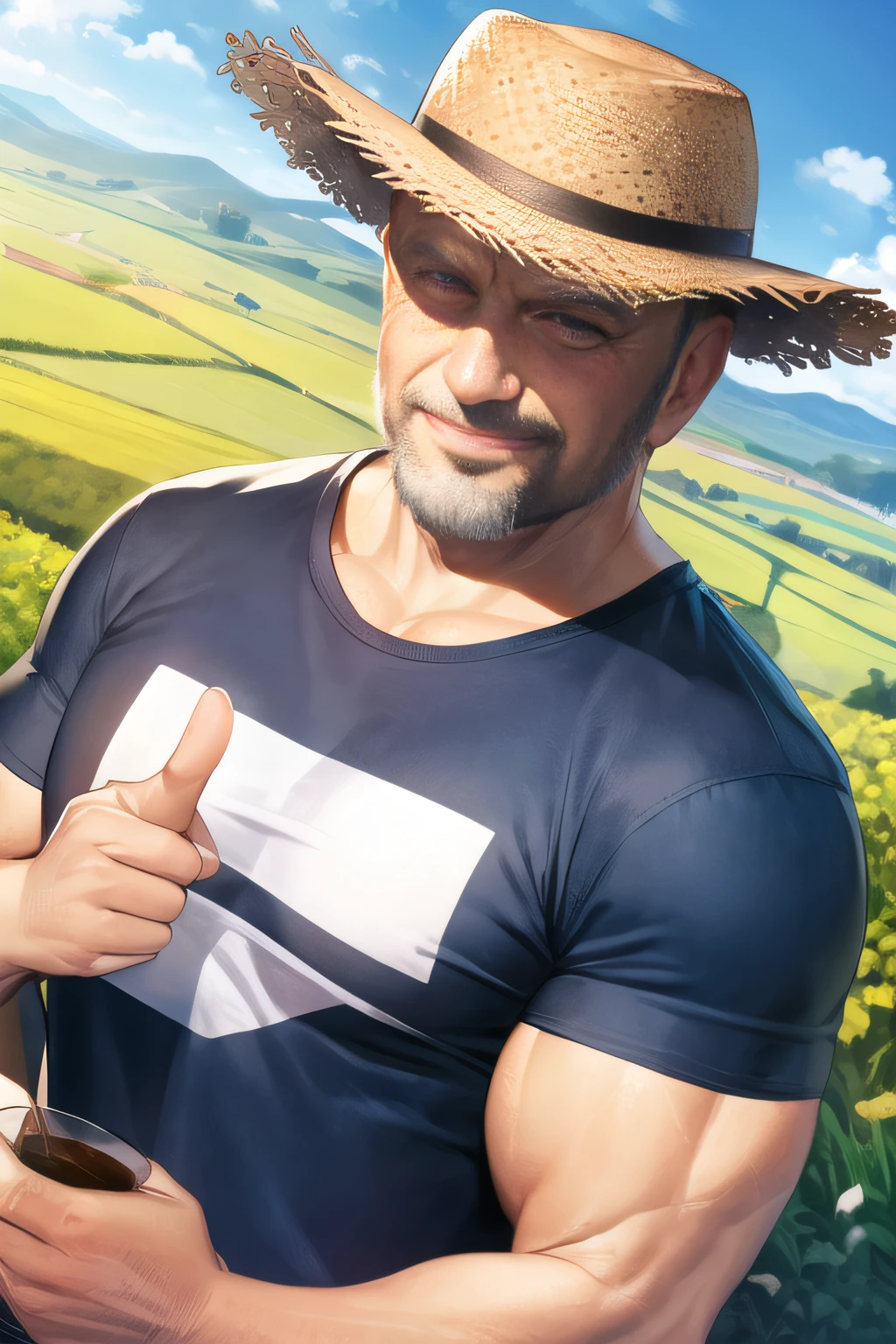 masterpiece, super detail, best quality, (muscled old man:1.2), T-shirt, straw hat, smile, facial hair, thumb's up, countryside, dutch angle