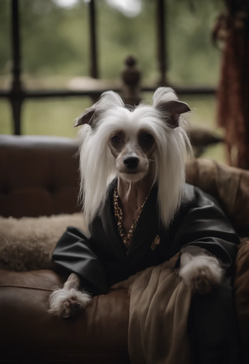 Make a Chinese crested dog powderpuff, usando a roupa do homem de ferro.