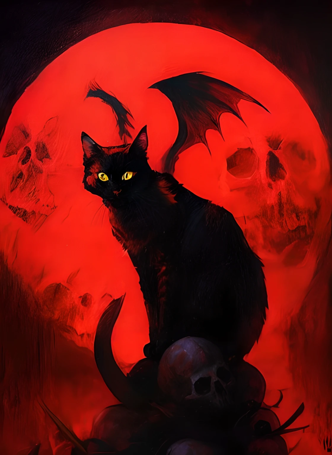 Painting of a black cat with yellow eyes, who sits on a pile of skulls, Dämonenkatze, Vampirkatze, Der dunkle Gott der Katzen, mit rot leuchtenden Augen, Satanismus, mit roten Augen, mit roten Augen, mit leuchtend roten Augen, Rotäugig, rot - augen, Oil painting of the Cat Witch