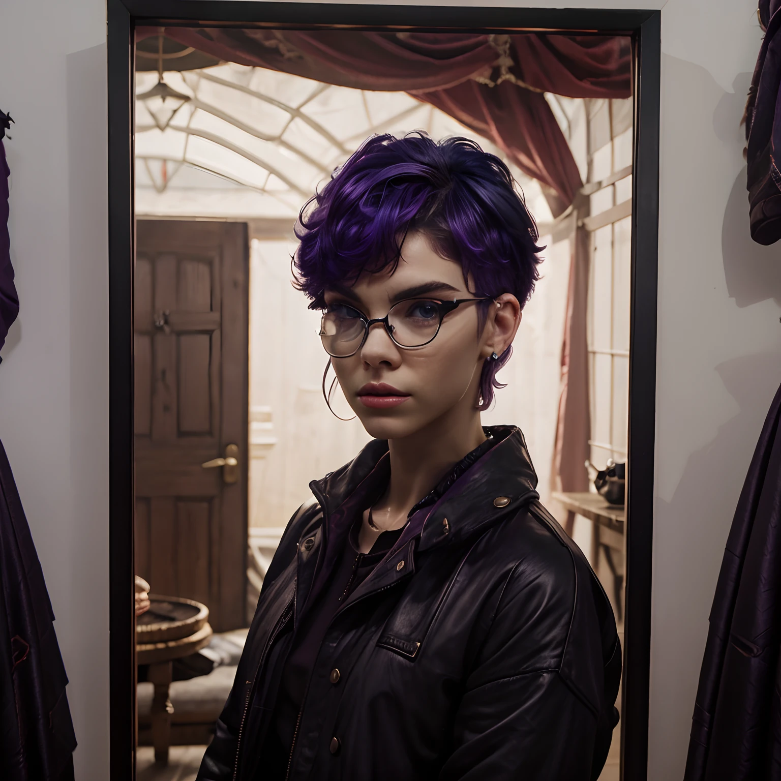 rosto com queixo fino, nariz fino e olhos grandes, nerdy glasses, Ela parece uma mistura de Grimes, parece uma mistura de grimes, assemelhando-se a uma mistura de grimes, parece uma mistura de grimes, 18 anos, androgynous person, piercings e um moicano, cabelo roxo curto com undercut, brincos enormes e maquiagem queer, acid pixie