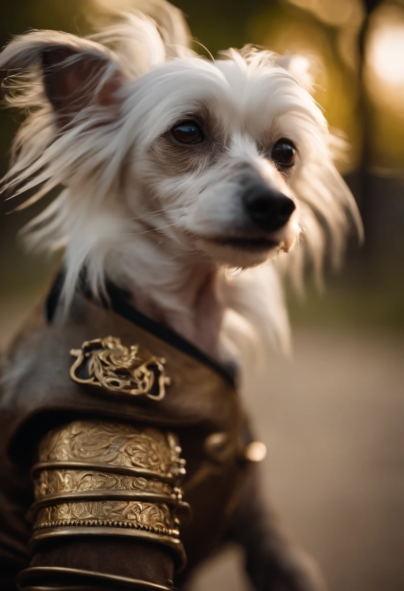 Make a Chinese crested dog powderpuff, usando a armadura do homem de ferro.