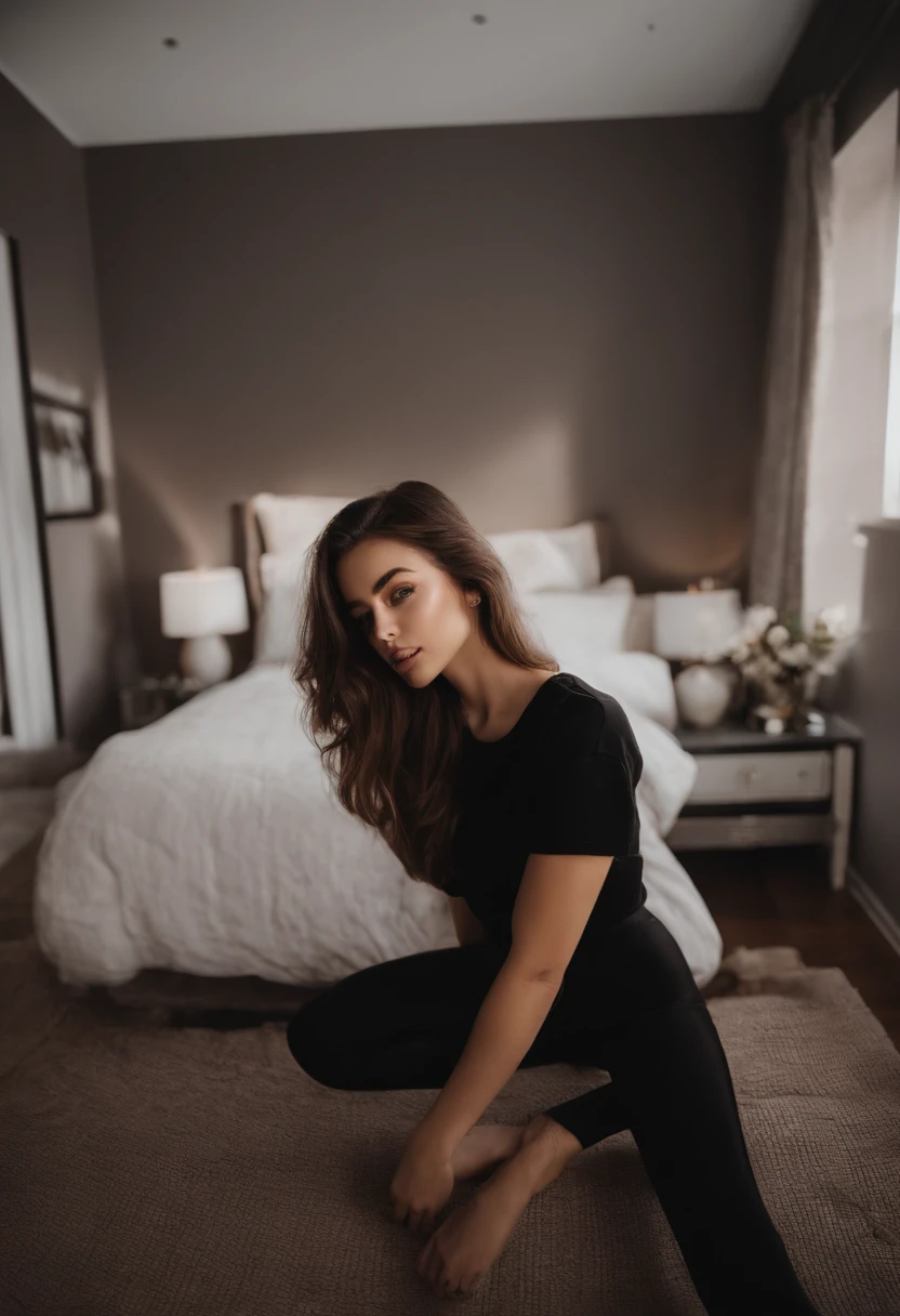 arafed woman with black clothes, sexy girl with brown eyes, portrait sophie mudd, brown hair and large eyes, selfie of a young woman, bedroom eyes, violet myers, without makeup, natural makeup, looking directly at the camera, face with artgram, subtle makeup, stunning full body shot, in bedroom, cleavage