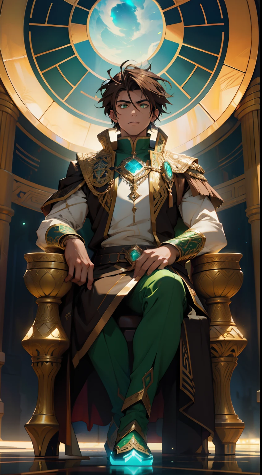 Persian teenage man, glowing green eyes, powerful,  brown hair, male, anime style, 4k image, looking up, epic, cinematic, ground level shot, hot,  sandy oasis throne room background , wearing shiny glowing academia outfit, insanely detailed, cool details