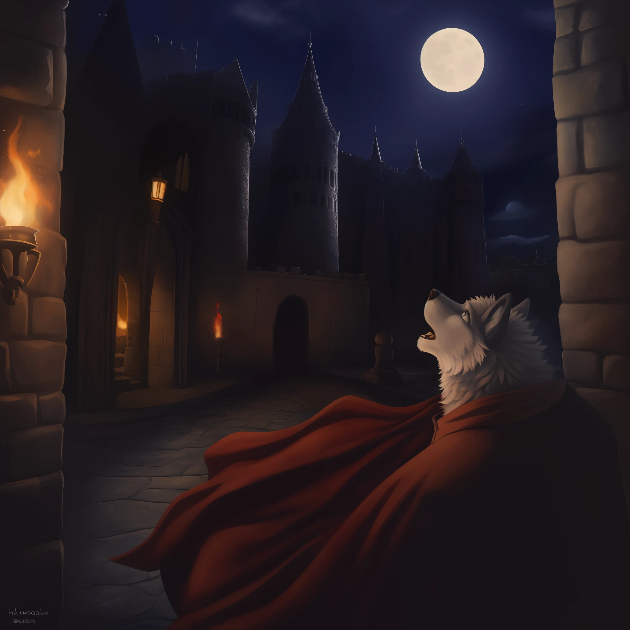 (best quality, 4k, highres, masterpiece:1.2), ultra-detailed, realistic:1.37, a solitary warrior werewolf in a castle protecting the princess, traditional oil painting, moonlit night, misty atmosphere, majestic architecture, ancient stonework, detailed armor and weaponry, intense expression on the warrior's face, hauntingly beautiful eyes, flowing silver hair, tattered cloak billowing in the wind, intricate carvings on the castle walls, distant howling of wolves, flickering torches lighting up the dark corridors, a sense of mystery and danger, medieval fantasy, vibrant colors contrasting with the darkness, moon rays illuminating the scene, dramatic shadows emphasizing the warrior's strength and determination, the princess with a delicate appearance and gratitude in her eyes.