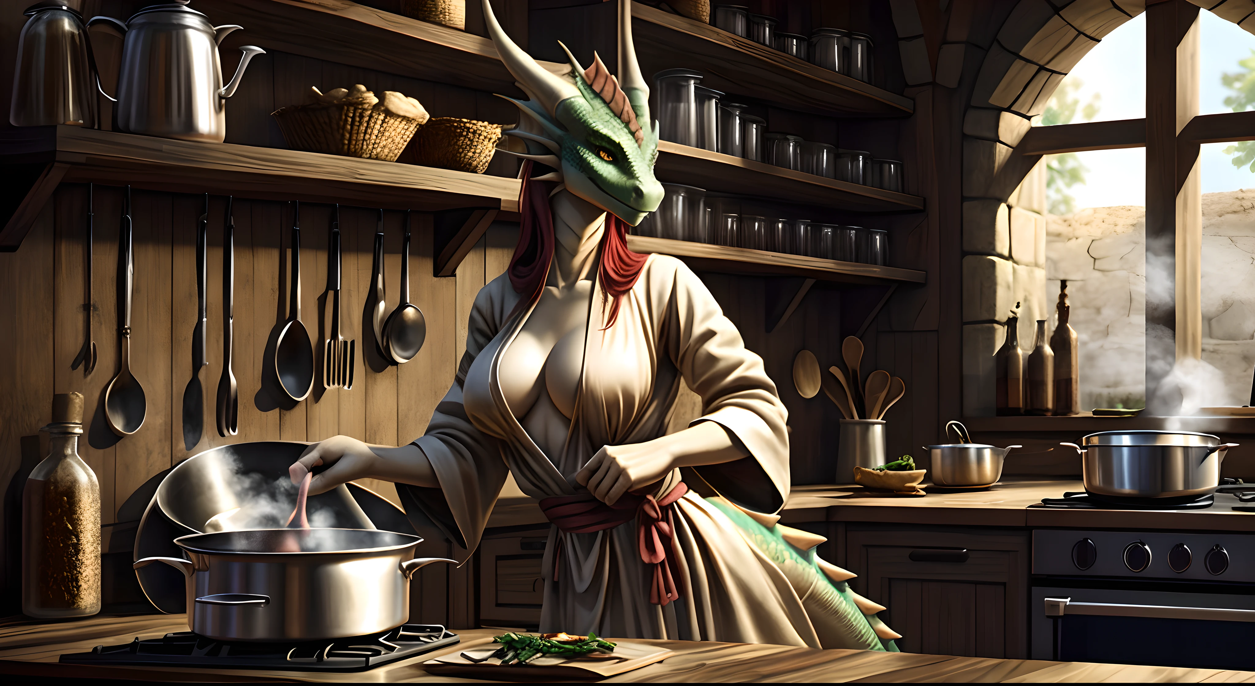 ((Seductive slender anthro dragoness in medieval robes)), Women's, anthro, dragon/Lizard's head, scaly body,, in full growth, Slender breasts, scaled skin, Long red hair, membranous ears, small head, long neck, long legs, tail, Shelves with product backgrounds, The character prepares food in the kitchen, pans and pots, Steam and fire