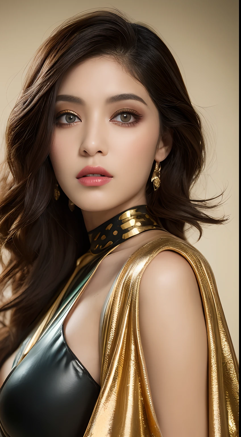 one Arabian model ,Unique hair details, cyberpunk Y2K fashion. Fairy like. Mechanical fashion, Near future, Curvilinear details , detailed eyes, double eyelid, plump lips, short hair, professional makeup, golden ratio, hyper res