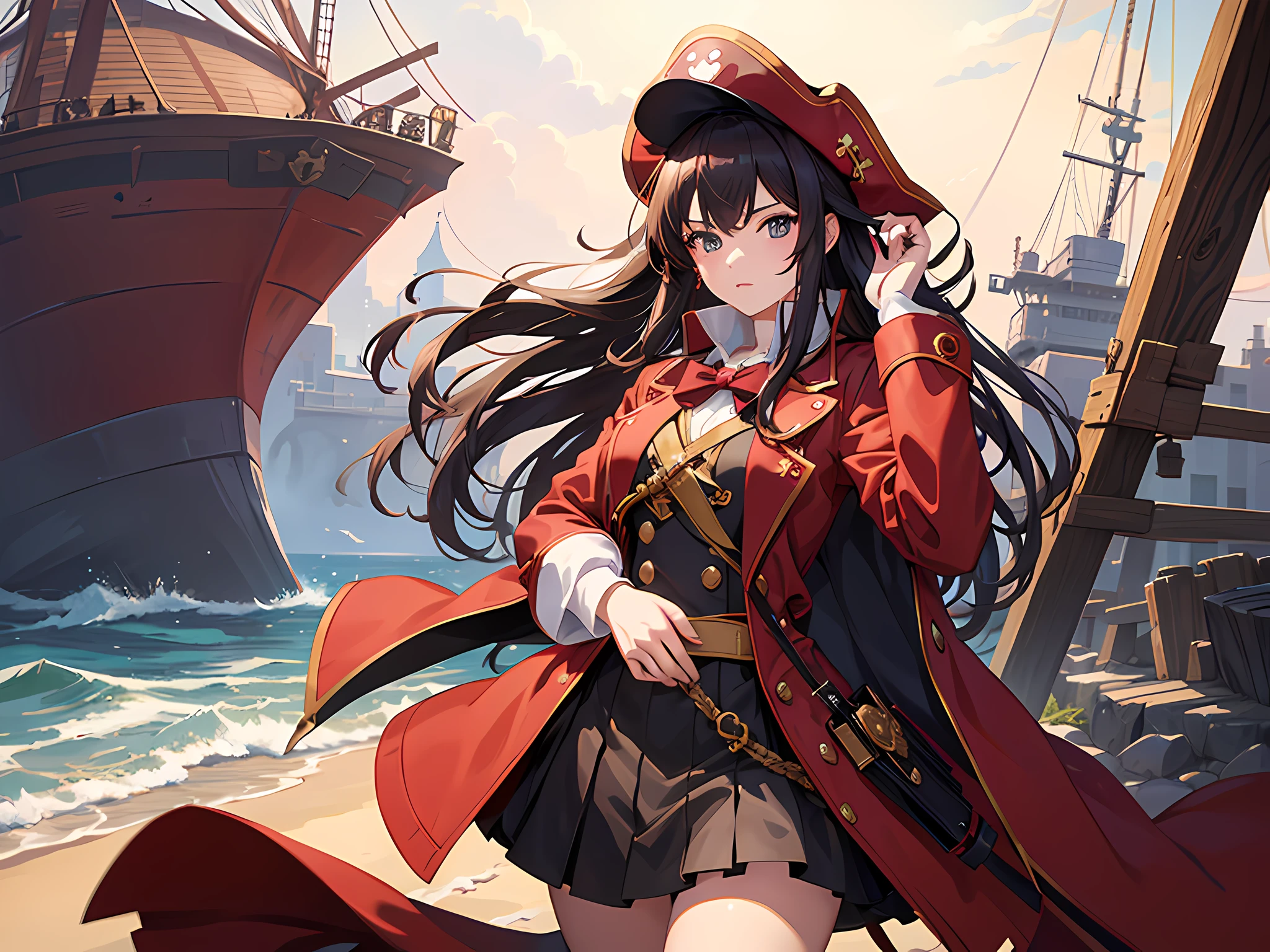 Best Quality,absurd res, 1girl in,Solo,:\3,Houshou Marine,houshouBase, Heterochromia, Red Eyes, Yellow eyes, Twin-tailed, Long hair, Hair Ribbon, Large breasts, White Gloves, frilled choker, Red Ascot, Leotard, Leotards under clothes, Red jacket, Cropped jacket, sleeveless jacket, Black coat, off shoulders, Bicorn, Red skirt, Miniskirt, Leather Belt, black thighhighs,seaside,Pirate Hat