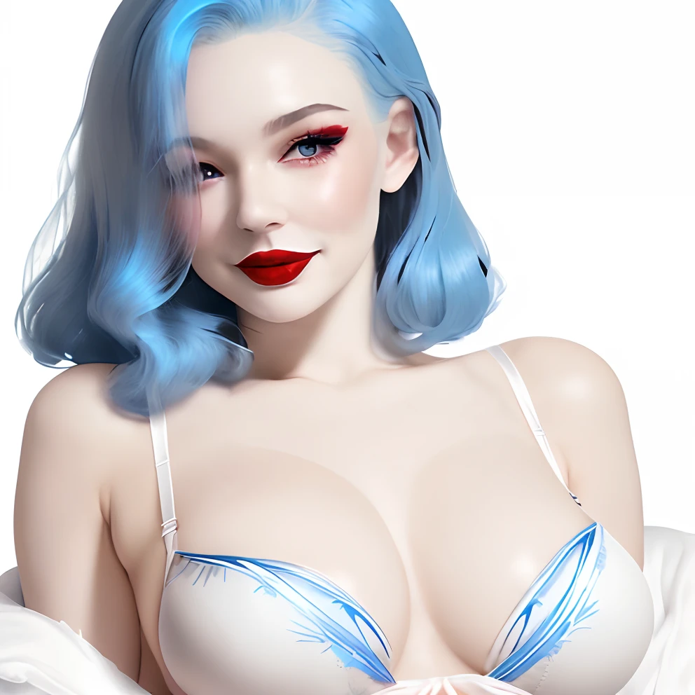 Wearing fancy lingerie, red lipstick, blue hairs, white background, tiny body, huge siliconed boobs, smut smile, full body caption