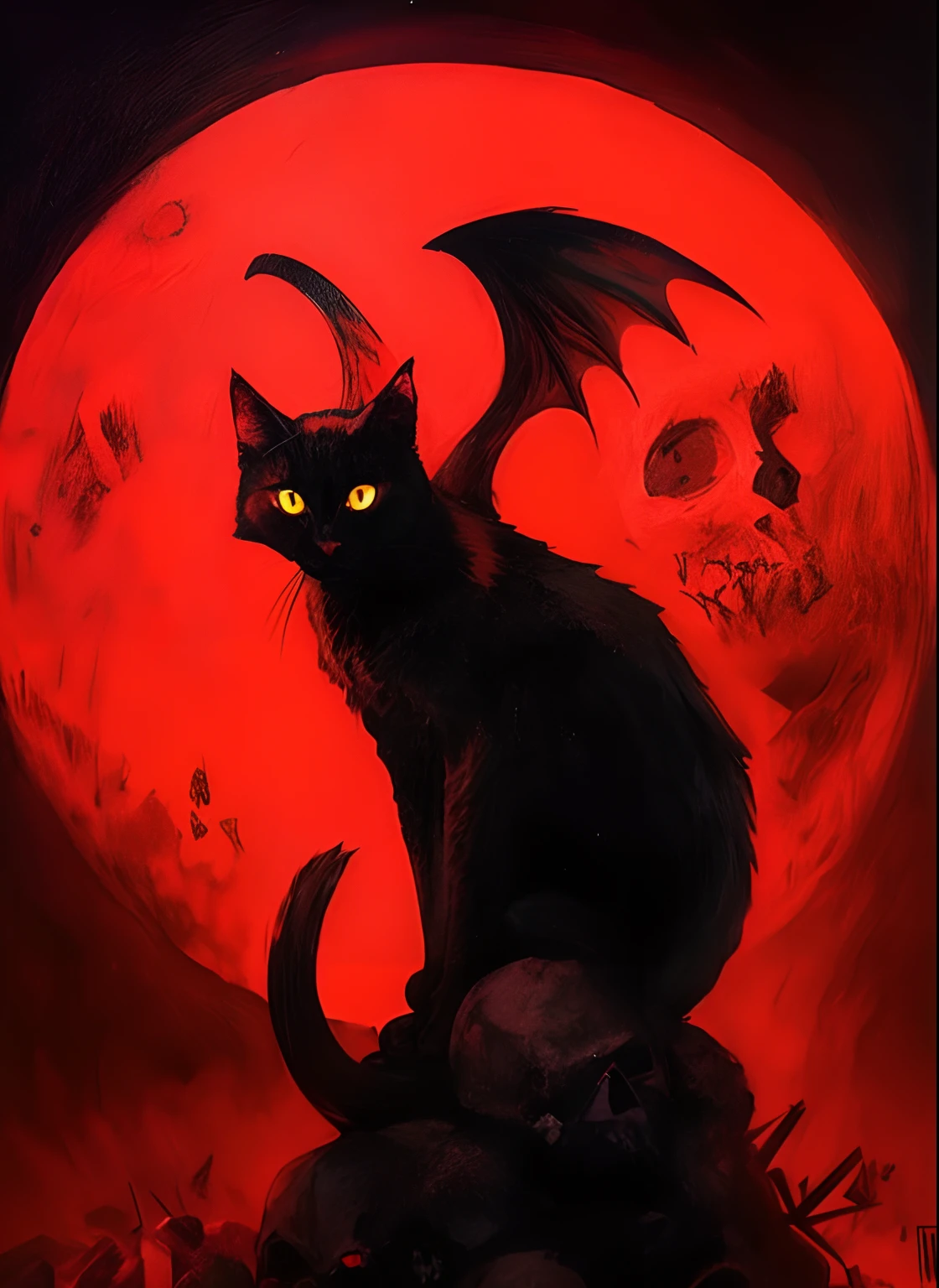 satanic cat, red moon, (art inspired by Bill Sienkiewicz). oil painting)