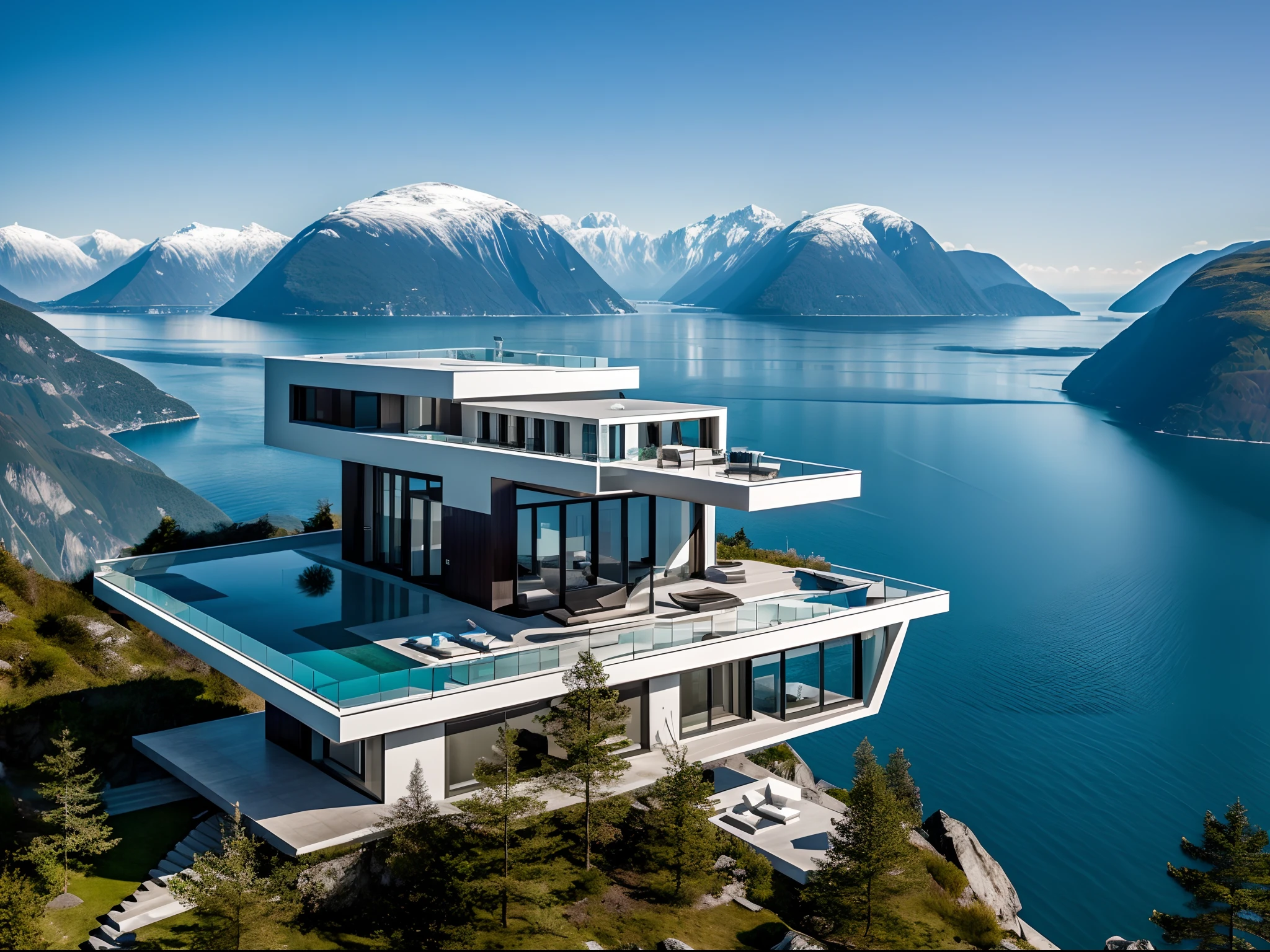Modern villa on cliff built into the mountain, overlooking hardangerfjorden. With helicopter platform. James bond villain. HD. Luxerious, expensive, pool, large futuristic residence, luxury architecture, ultra modern, sleek utopian design, modern architecture design, stunning high tech
