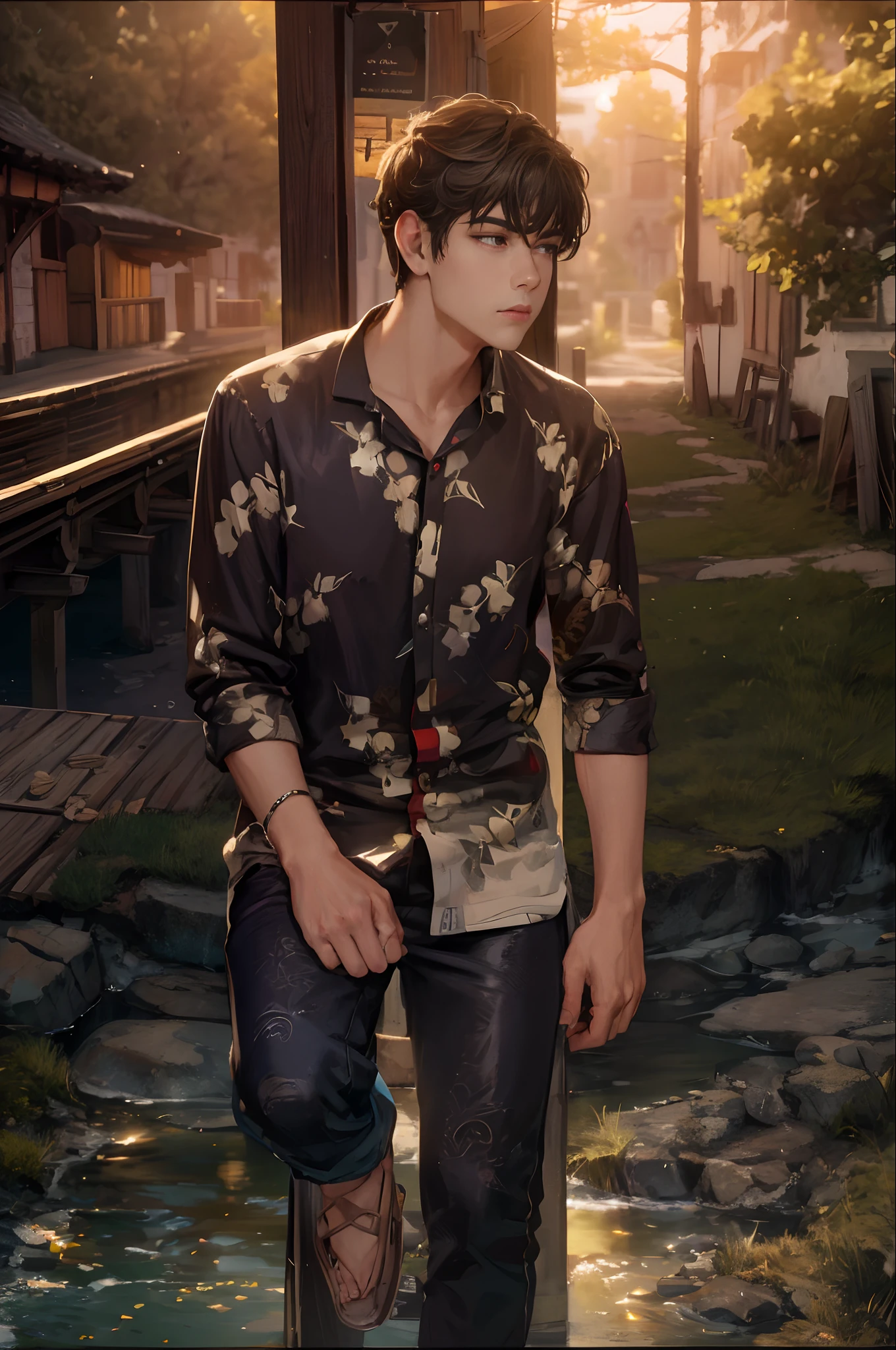 A boy sits on a stone by the river，Looking into the distance，There was a hint of sadness in my heart，The expression is solemn，facing at camera，The evening breeze is long，Autumn water，Sunset on the mountainside，Gooseback Sun, railway background, perfect lighting, cloudy sunny, bright, extremely detailed lighting, extremely detailed face, extremely detailed cloths, extremely detailed background, same face and background, 8k ultra HD, best masterpiece, cinematic, depth of field,