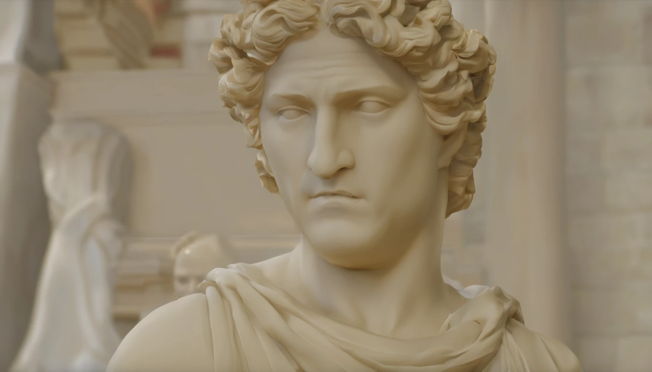 A very muscular realistic Greek white marble statue carefully detailed wearing a ghostly toga, fundo neutro, Moody, , fotorrealista, Jantar de cinema atencioso, super detalhada, Hiper realista, luzes brilhantes, 8 mil em 8k
