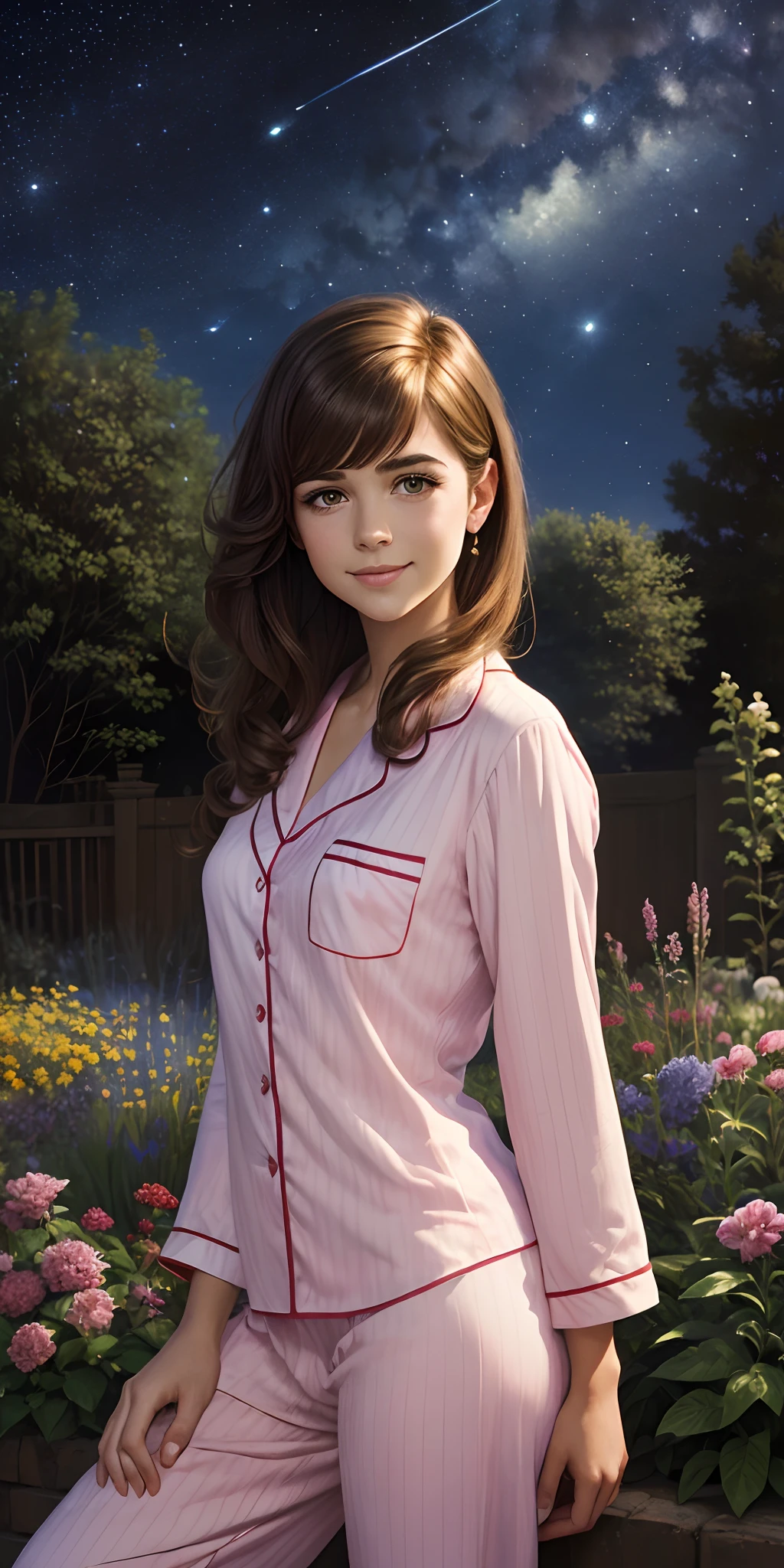 ((beste-Qualit)), ((tmasterpiece)), ((Realistic)), Ultra-detailed, young Alison Hannigan, ssmile , hairstyle, red tails;, wearing pink pajamas, in the garden, Starry Summer Night, (Illustration by Boris Vallejo), Extreme Detail - AP 1:2 —q 4 —s 750