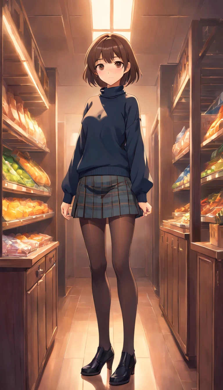 Best Quality,(Masterpiece:1.2, high quality),Slender girl, Girl, Dark Hair, Dark Eyes, Home, Sun Radiance, Shiny Skin, Sun Glare,ull body, black pantyhose, long hair, brown eyes, holding clothes, black footwear, handbag, medium breasts, holding, standing, sweater, high-waist skirt, boots, grey skirt, high heel boots, black sweater, turtleneck, plaid, bangs, blush, long sleeves, closed mouth, shirt,pantyhose, skirt, brown hair, high heels, jewelry,