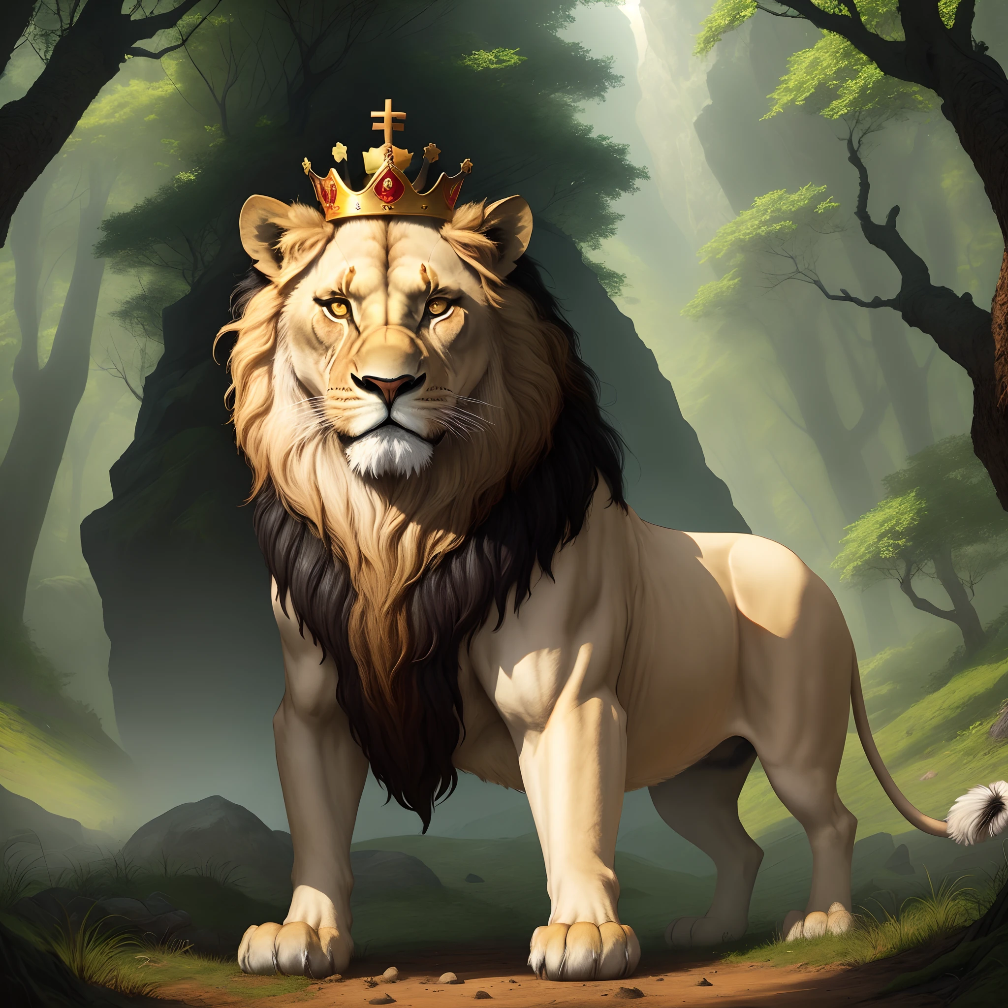 Lion of the tribe of Judah, with a crown on his head in a mountain forest