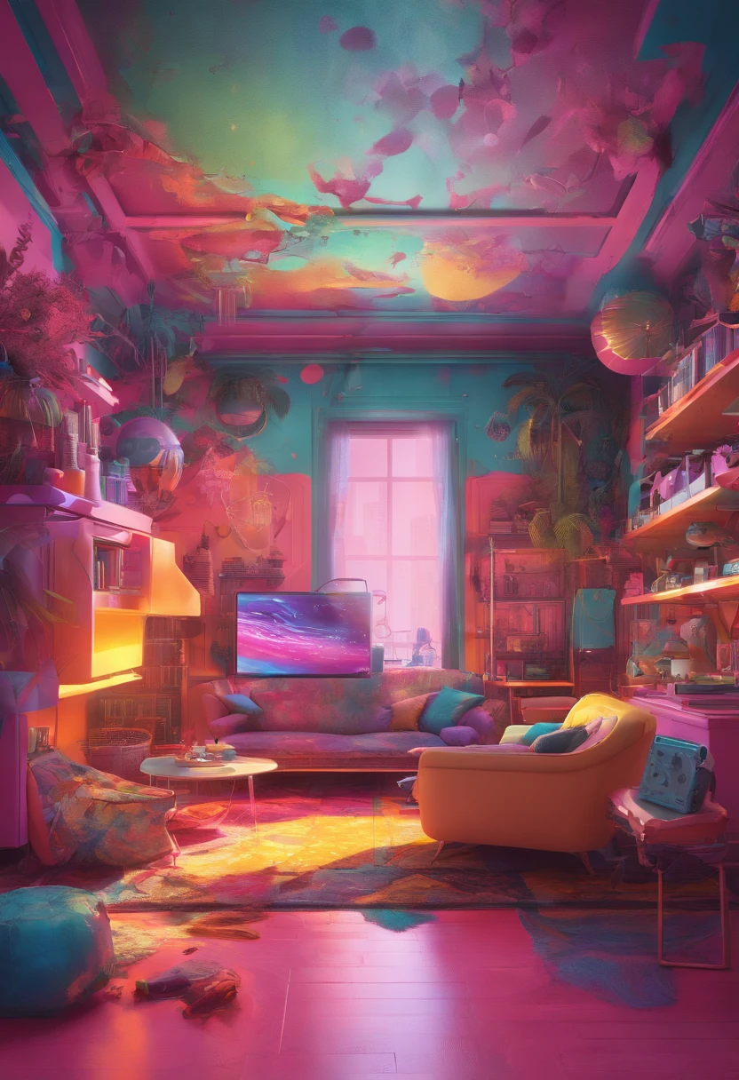 brightly colored furniture in a brightly colored room with a large elephant statue, perfect maximalistic composition, inspired by Mike Winkelmann, surreal sci fi set design, with cinematic colour palette, in the art style of filip hodas, retro futuristic apartment, hypermaximalism, verner panton, inspired by Filip Hodas, bladerunner apartment