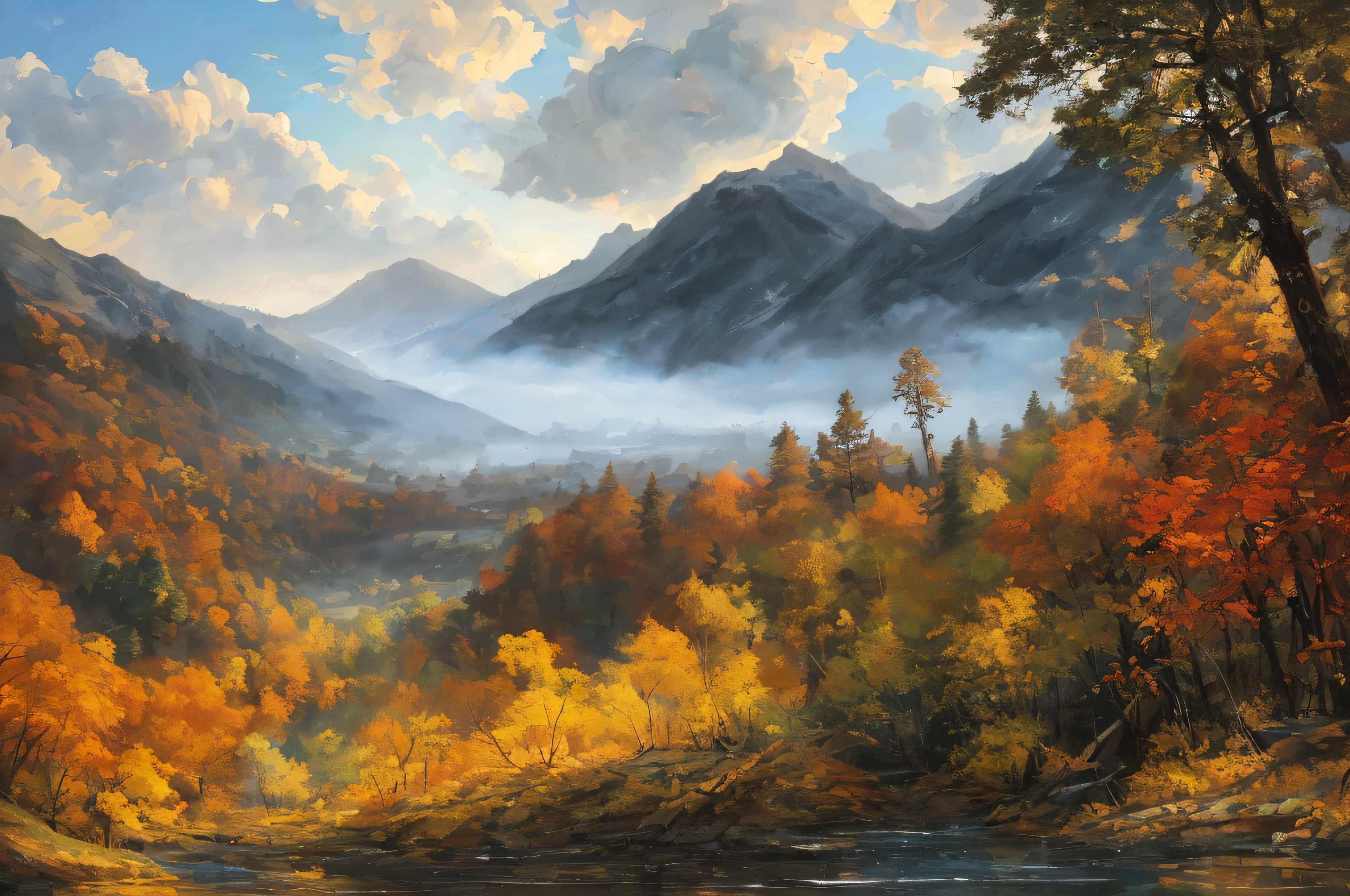 samdoesarts style. physical palette knife painting, thick Oil paint, stunning landscape, vast scale, soft colors, muted contrast, extremely detailed and intricate. 
deciduous forest, hills, view, God rays, sharp focus