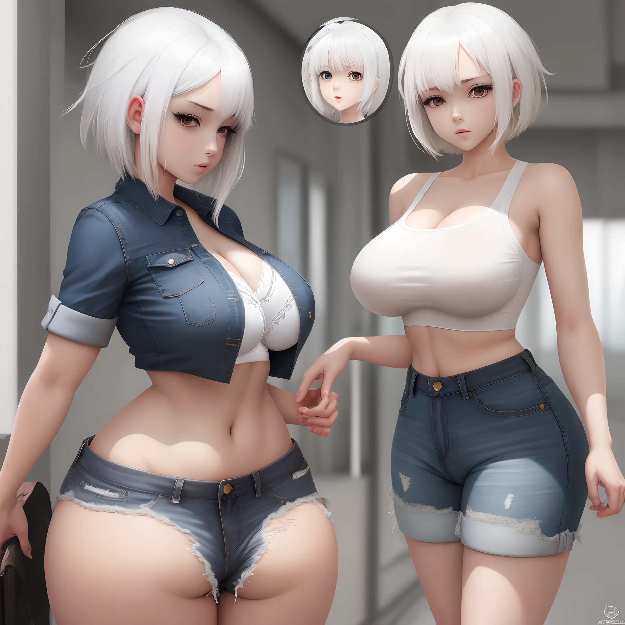 Anime girl, white hair, Jean shorts, white wet crop top, red bra, Huge tits, Huge ass