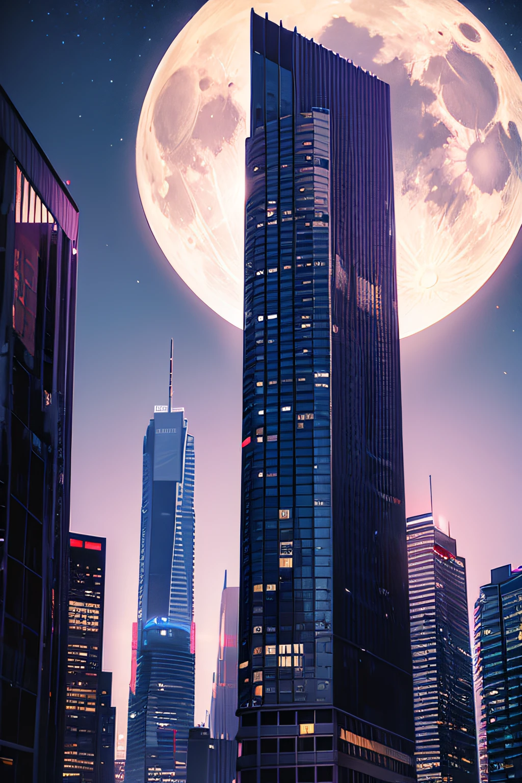Night, purple moon, sky, skyscrapers
