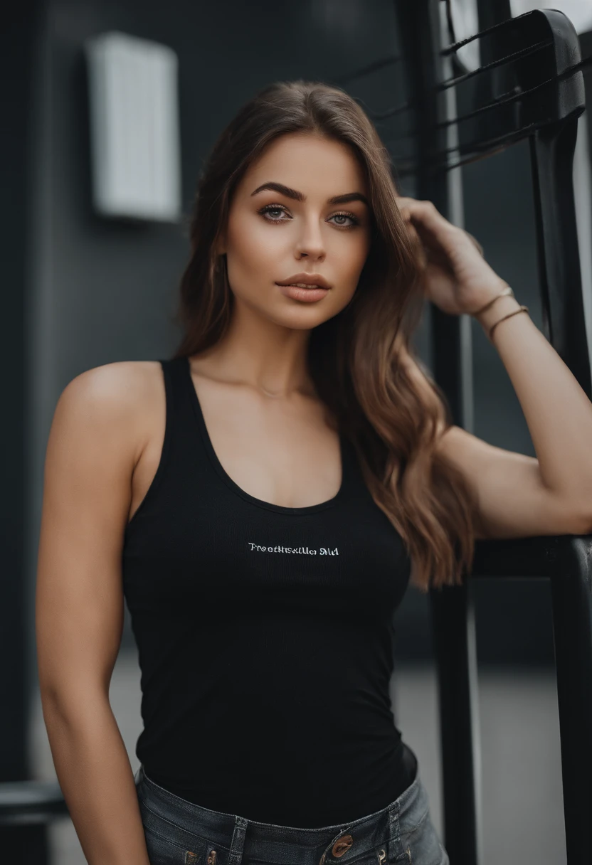 arafed woman with a low cut tank top, sexy girl with brown eyes, portrait sophie mudd, brown hair and large eyes, selfie of a young woman, violet myers, without makeup, natural makeup, looking directly at the camera, face with artgram, subtle makeup, stunning full body shot, near a basketball hoop, cleavage