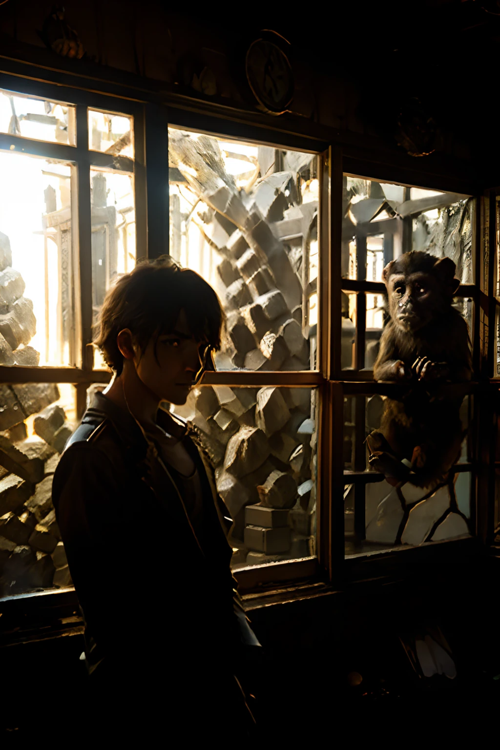 dramatic From the outside observing through a window inside a dark house, events with a monkey ghost atmosphere are observed in the darkness in the darkness, a spectrum of fear that frightens