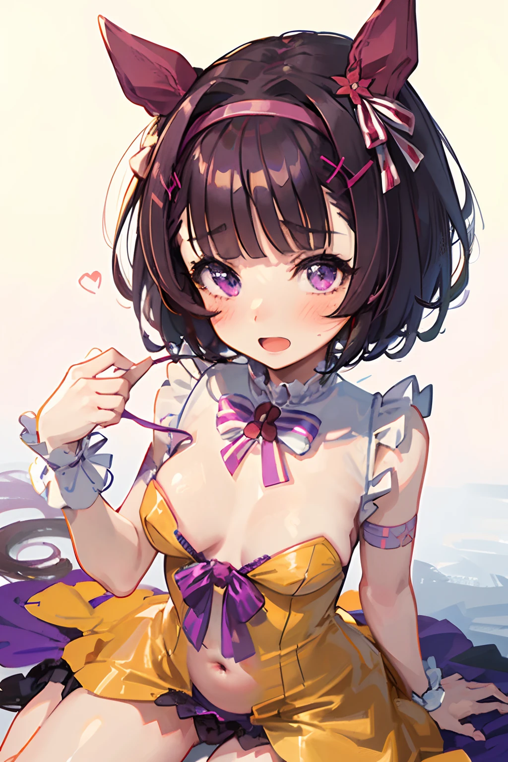 NSFW,((1man with 1woman,Having sex)), vaginal,sex,*********** is pulling up a dress,bared  chest,teats,Round genitals,Revealing clothes,Uma Musume,Nishino flower,Marl,shorth hair,Red headband,Beautiful purple eyes,Purple and yellow dresses,bow ribbon,small tits,Lori,Curvaceous,flower  field,Smile with open mouth,red blush,Shy face,Top image quality,masutepiece