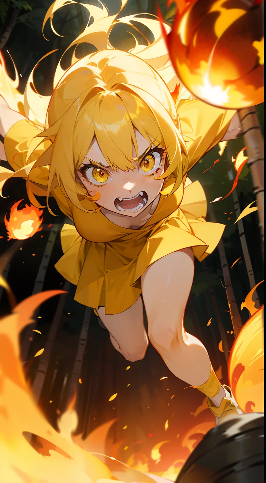 1girl,solo,20s,angry face,(((woman face))),(((yellow shirt,yellow skirt))), yellow hair,long hair,red eyes,burning body,(((running in front of a forest))),(((attacking with fire balls)))
