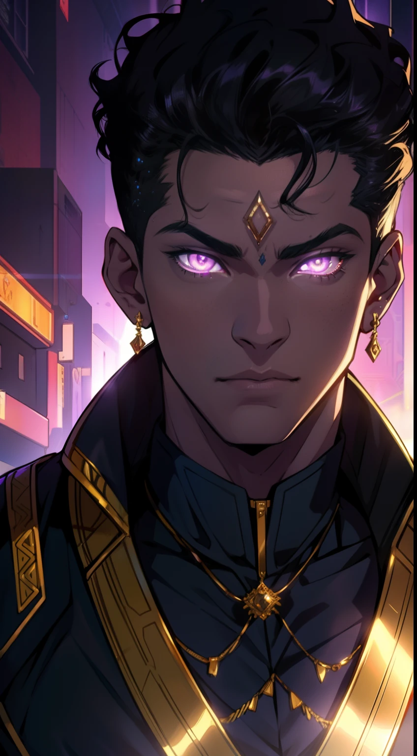 Dark skin man, glowing purple eyes, powerful, short curly black hair, male, anime style, 4k image, looking up, epic, cinematic, hot, cool background, wearing golden jewelry, wearing shiny glowing emperor academia outfit, insanely detailed, cool details