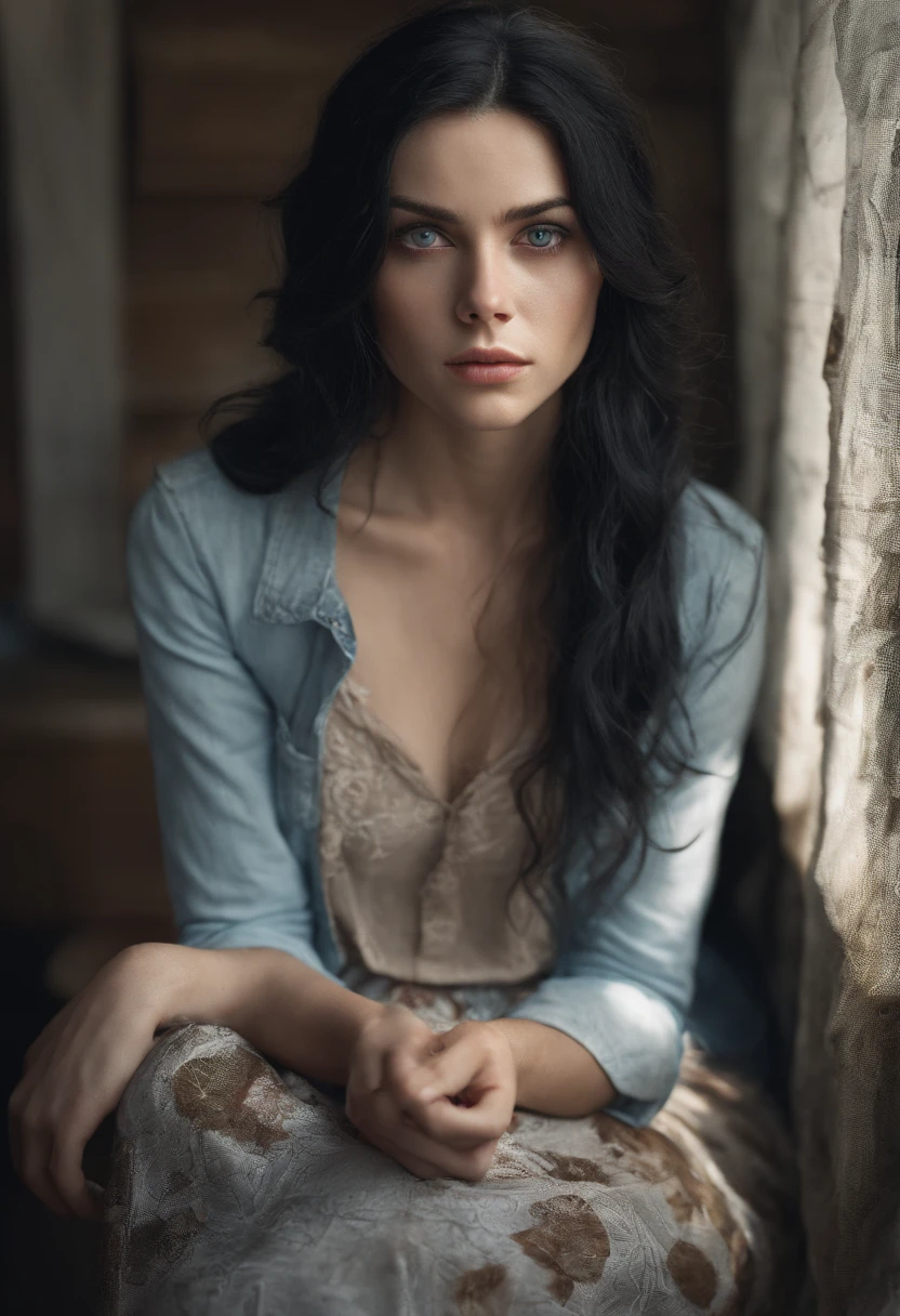 Masterpiece, award winning photo, extremely detailed, amazing, fine detail, extremely detailed eyes and face, by lee jeffries nikon d850 film stock photograph 4 kodak portra 400 camera f1.6 lens rich colors hyper realistic lifelike texture dramatic lighting unrealengine trending on artstation cinestill 800 tungsten, beautiful woman, long black hair, perfect face, perfect body, perfect pale blue eyes, sitting