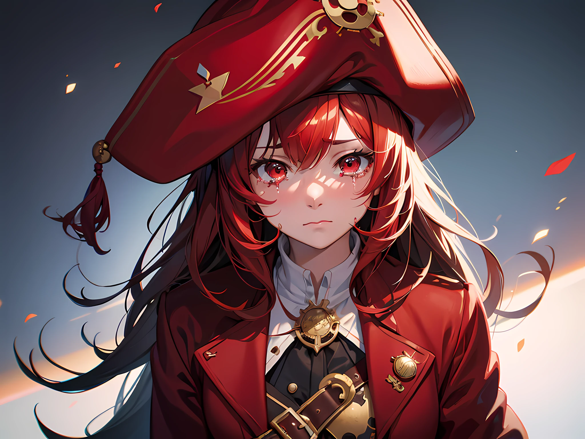 A solo, anime girl in a red coat and pirate hat, (sad:1.2), (crying:1.1), trending on ArtStation Pixiv, high detailed official artwork, ultra-detailed, realistic:1.37, professional, vivid colors, sharp focus, physically-based rendering, portraits, complementary color palettes, soft lighting