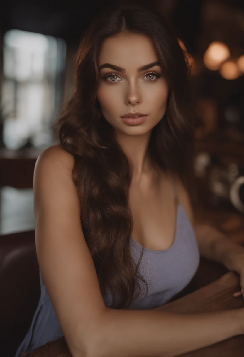 arafed woman topless, sexy girl with brown eyes, portrait sophie mudd, brown hair and large eyes, selfie of a young woman, bedroom eyes, violet myers, without makeup, natural makeup, looking directly at the camera, face with artgram, subtle makeup, stunning full body shot, in a sport bar, cleavage